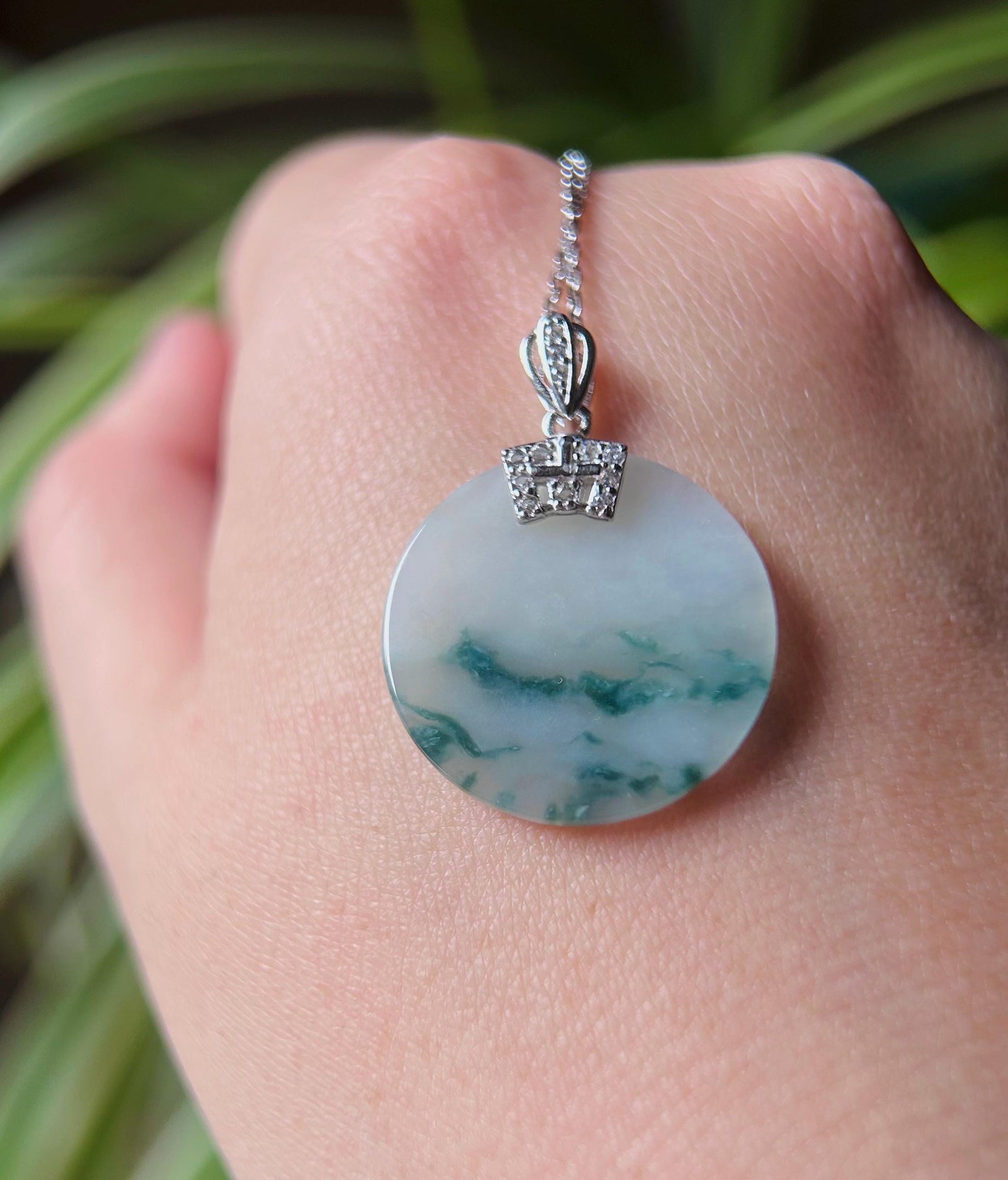 Jadeite Jade Pendant Sterling Silver Necklace Jewelry Gift for Her Burmese Untreated Type A Translucent Icy Blue Floral Jadeite Peace Plaque