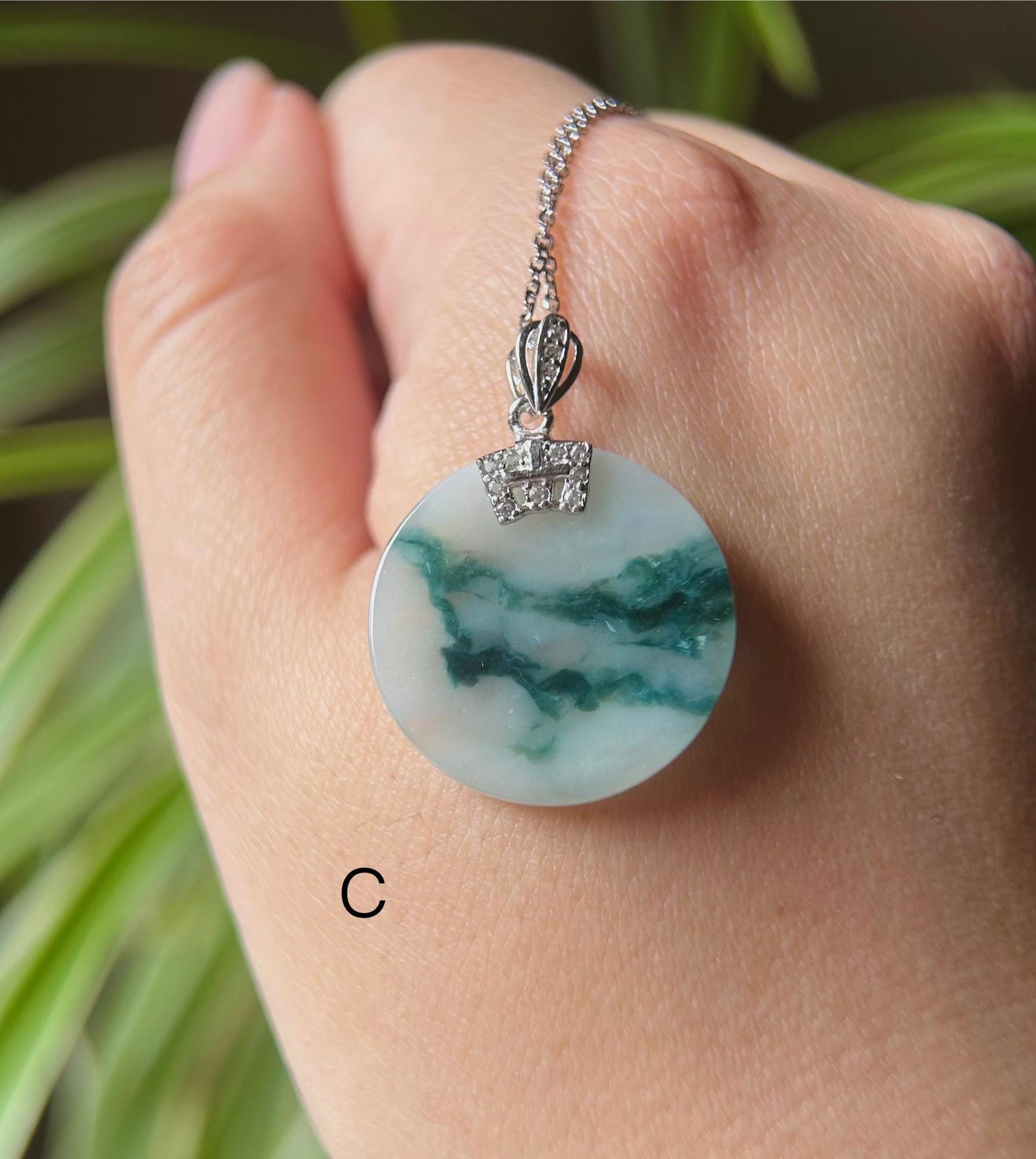 Jadeite Jade Pendant Sterling Silver Necklace Jewelry Gift for Her Burmese Untreated Type A Translucent Icy Blue Floral Jadeite Peace Plaque