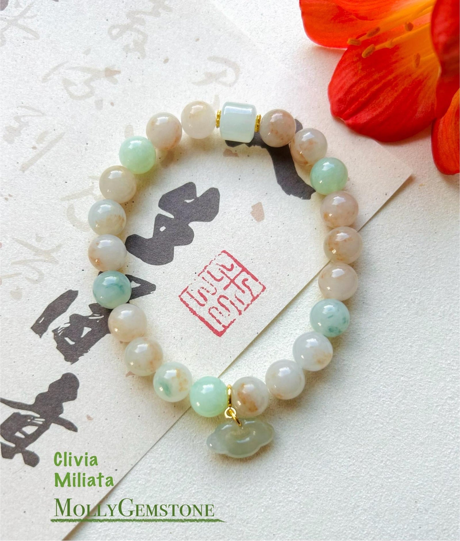 Jadeite Jade Beaded Bracelet Jewelry Mother Day Gift Natural Untreated Burmese Icy Translucent Type A RARE Red Floral Jade 8.5mm Orange Jade