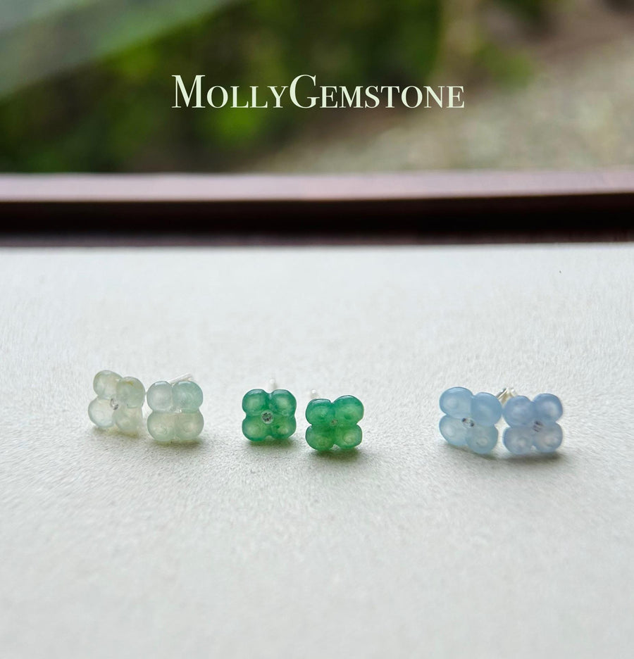 Jadeite Jade Flower Stud Earrings Handmade Jewelry Gift for Her Natural Burmese Type A Highly Translucent Icy Jade Earrings Sterling Silver