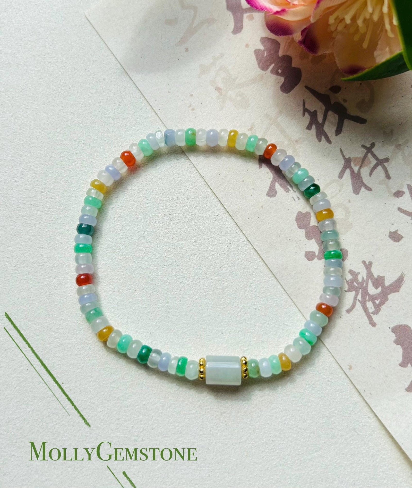 Jadeite Jade Beaded Bracelet Jewelry Gift for Her Untreated Natural Burmese Type A Highly Translucent Icy Rainbow Multi-Color Jade 4.5mm