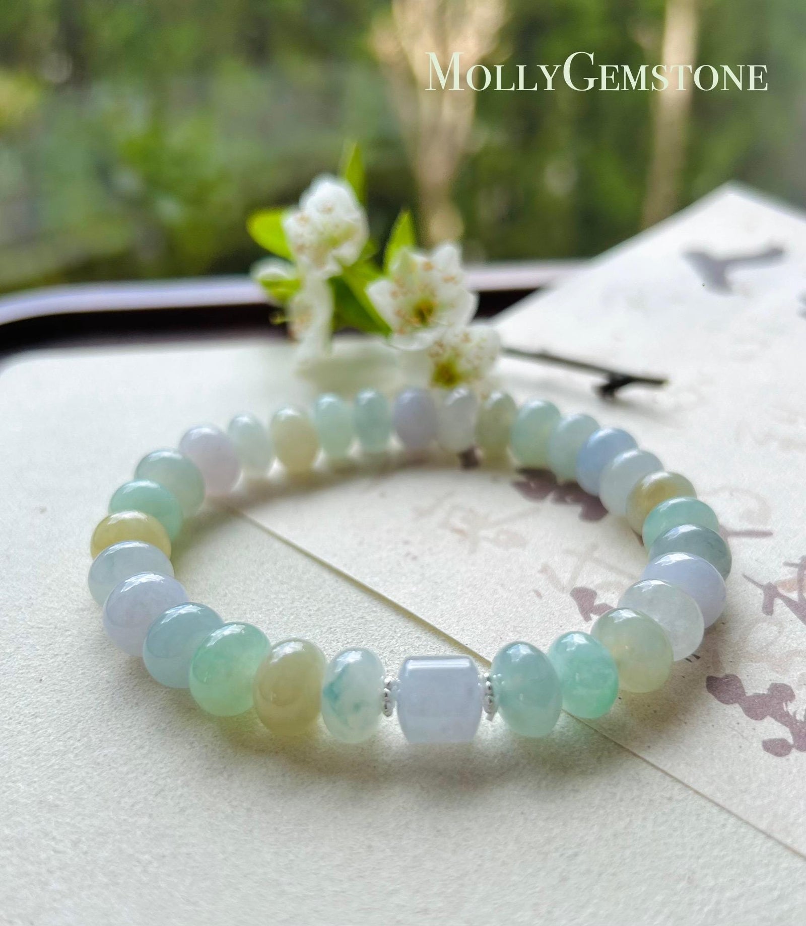 Jadeite Jade Beaded Bracelet Jewelry Gift for Mom Natural Burmese Type A Icy Highly Translucent Jadeite Multi-color Spring Color 9mm Jade