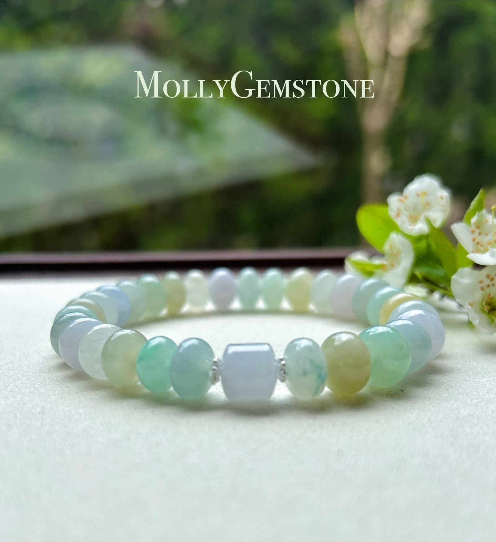 Jadeite Jade Beaded Bracelet Jewelry Gift for Mom Natural Burmese Type A Icy Highly Translucent Jadeite Multi-color Spring Color 9mm Jade