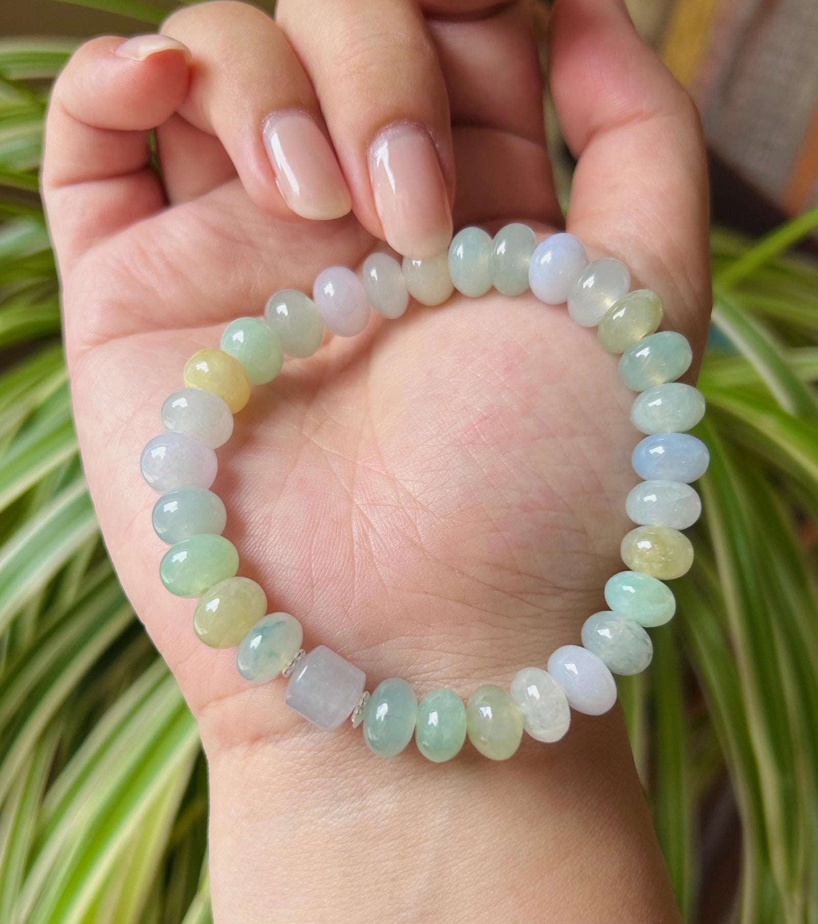 Jadeite Jade Beaded Bracelet Jewelry Gift for Mom Natural Burmese Type A Icy Highly Translucent Jadeite Multi-color Spring Color 9mm Jade