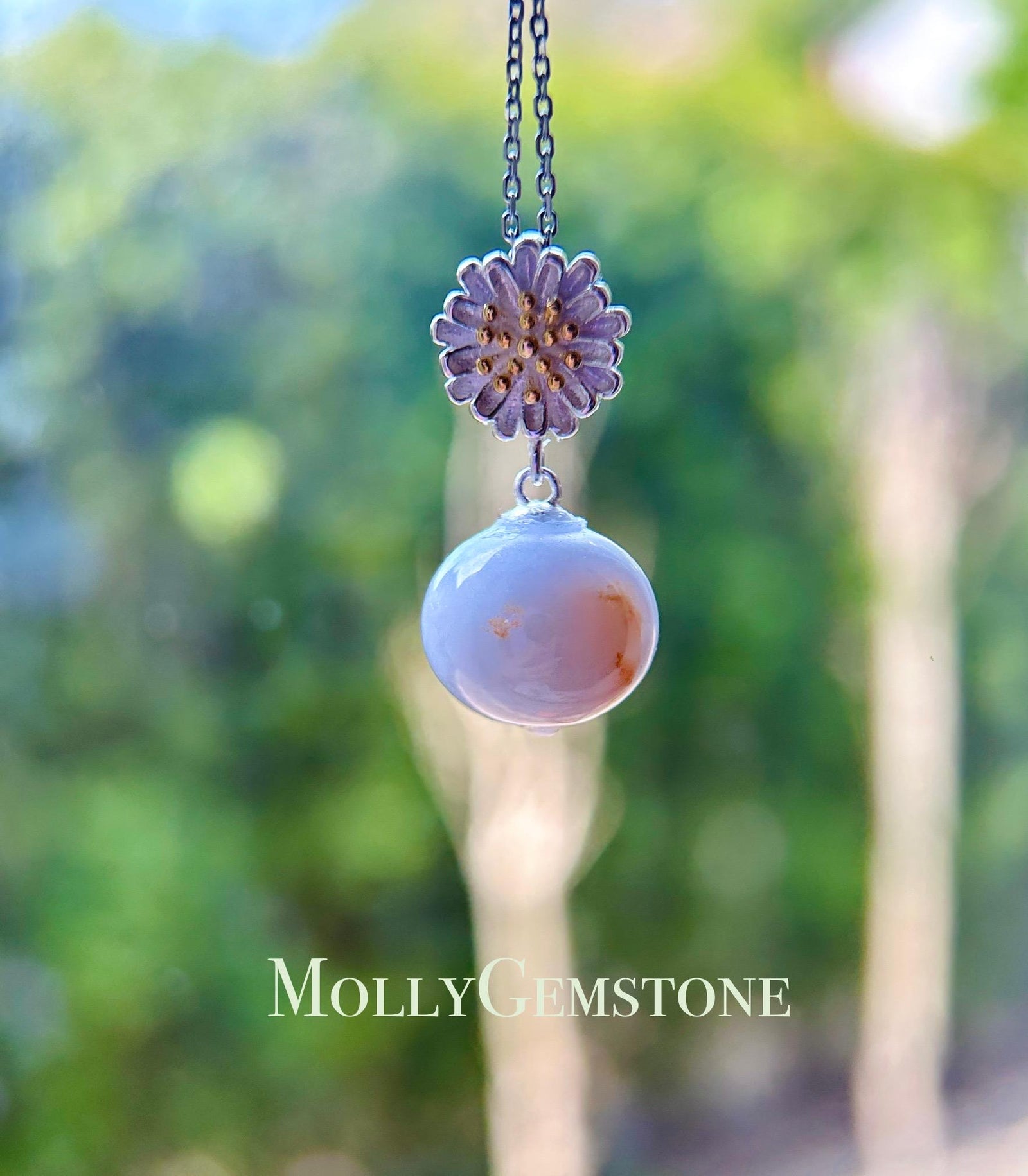 Lavender Purple Red Floral Jadeite Beaded Pendant Jade Necklace Jewelry Gift for Her Burmese Untreated Type A Jade Daisy Sterling Silver