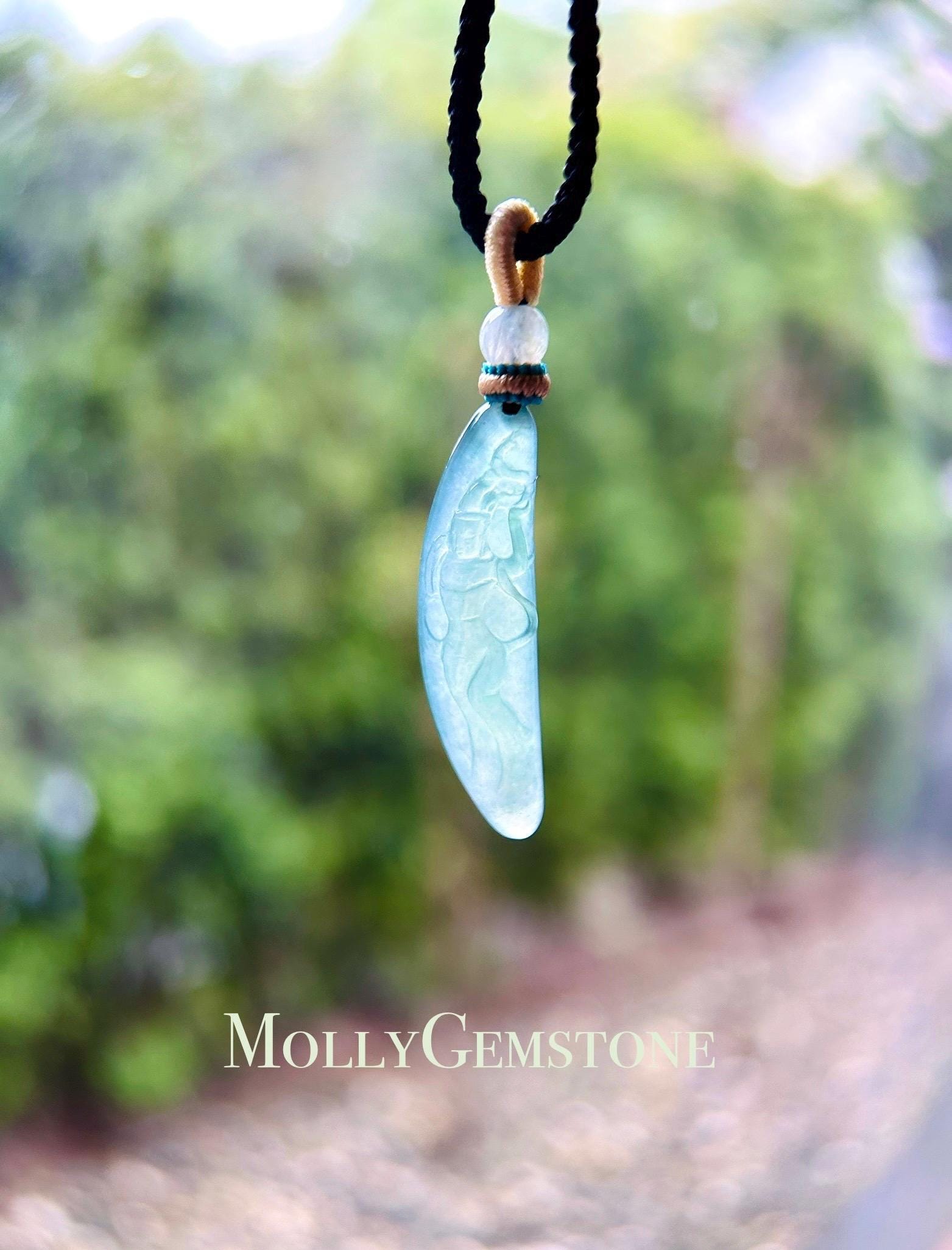 Jadeite Jade Pendant Jewelry Natural Burmese Untreated Type A Translucent Icy Bluish Green Jade Hand-carved Fairy Blossom Pendant Necklace