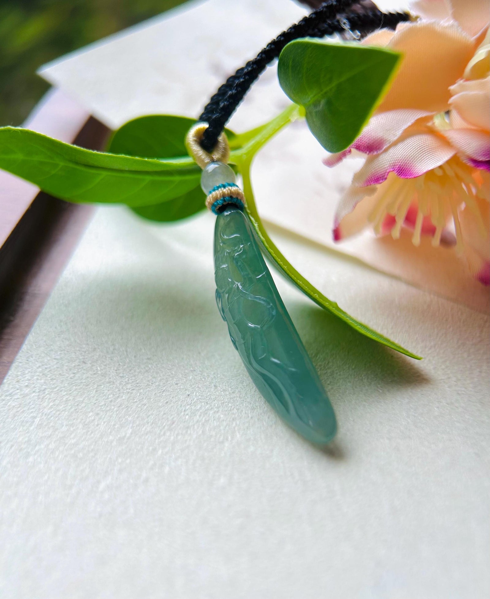Jadeite Jade Pendant Jewelry Natural Burmese Untreated Type A Translucent Icy Bluish Green Jade Hand-carved Fairy Blossom Pendant Necklace