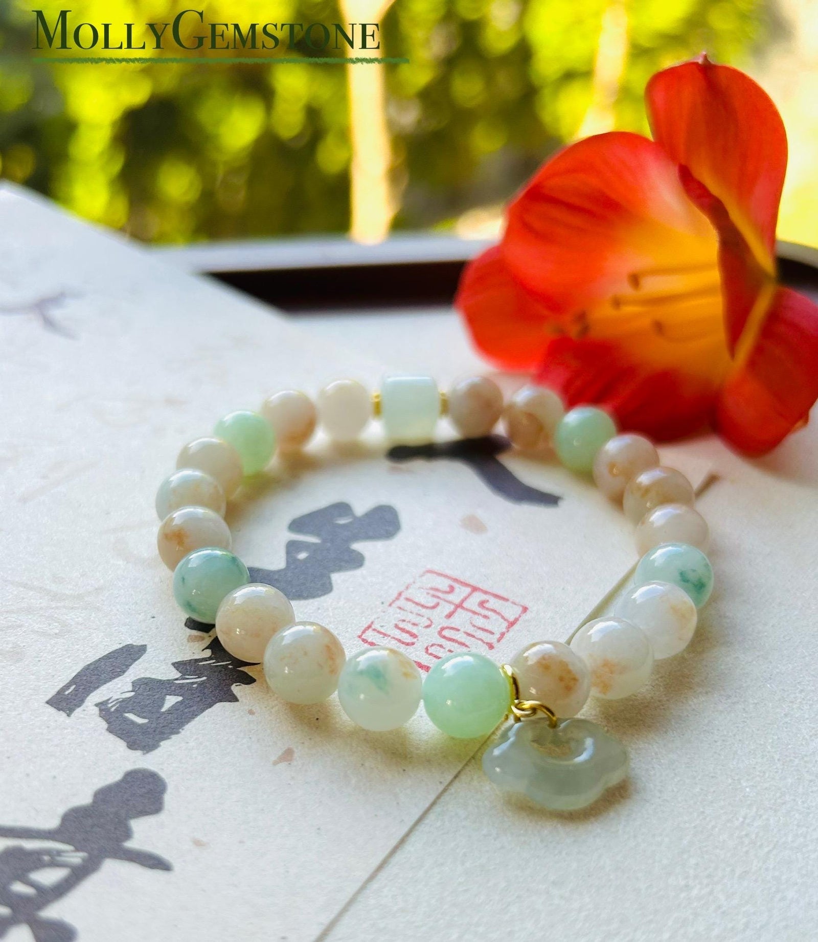 Jadeite Jade Beaded Bracelet Jewelry Mother Day Gift Natural Untreated Burmese Icy Translucent Type A RARE Red Floral Jade 8.5mm Orange Jade