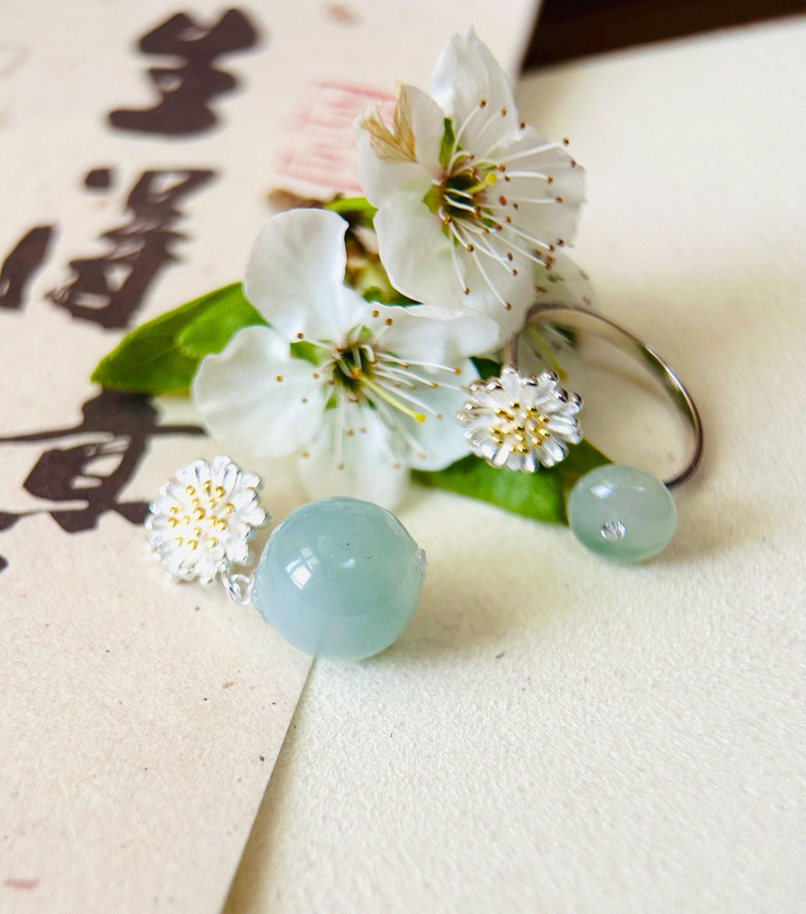 Jadeite Ring & Pendant Jewelry Set Mothers Day Gift Natural Type A Burmese Untreated High Translucent Icy Green Floral Jade Sterling Silver