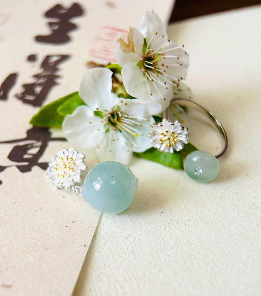 Jadeite Ring & Pendant Jewelry Set Mothers Day Gift Natural Type A Burmese Untreated High Translucent Icy Green Floral Jade Sterling Silver