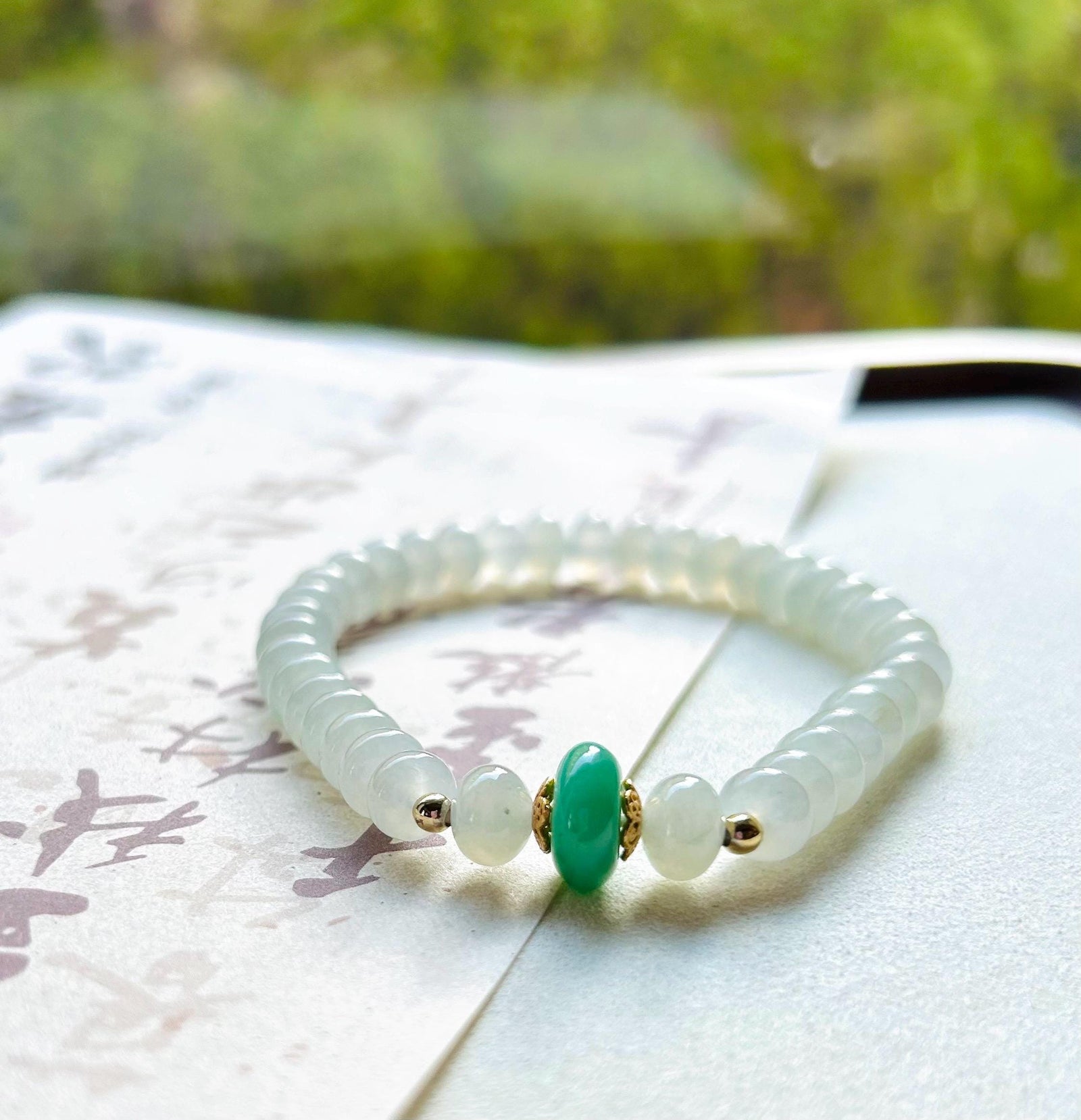 Jadeite Jade Beaded Bracelet Jewelry Mother’s Day Gift Natural Burmese Untreated Type A Icy White & Green Superior Translucency 7mm FeiCui
