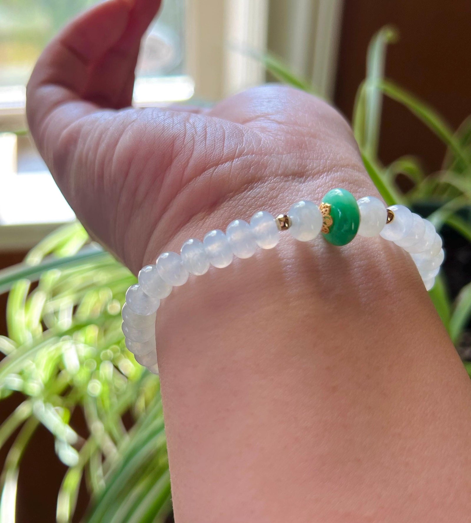 Jadeite Jade Beaded Bracelet Jewelry Mother’s Day Gift Natural Burmese Untreated Type A Icy White & Green Superior Translucency 7mm FeiCui
