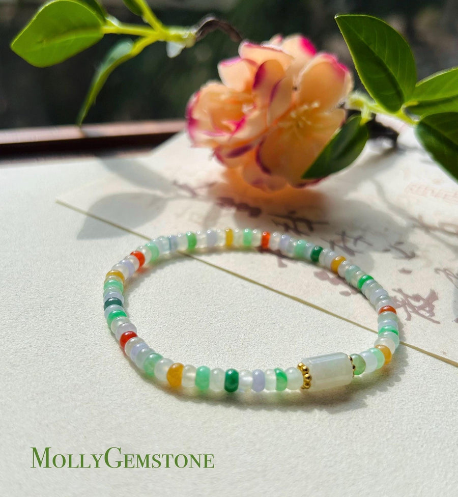 Jadeite Jade Beaded Bracelet Jewelry Gift for Her Untreated Natural Burmese Type A Highly Translucent Icy Rainbow Multi-Color Jade 4.5mm