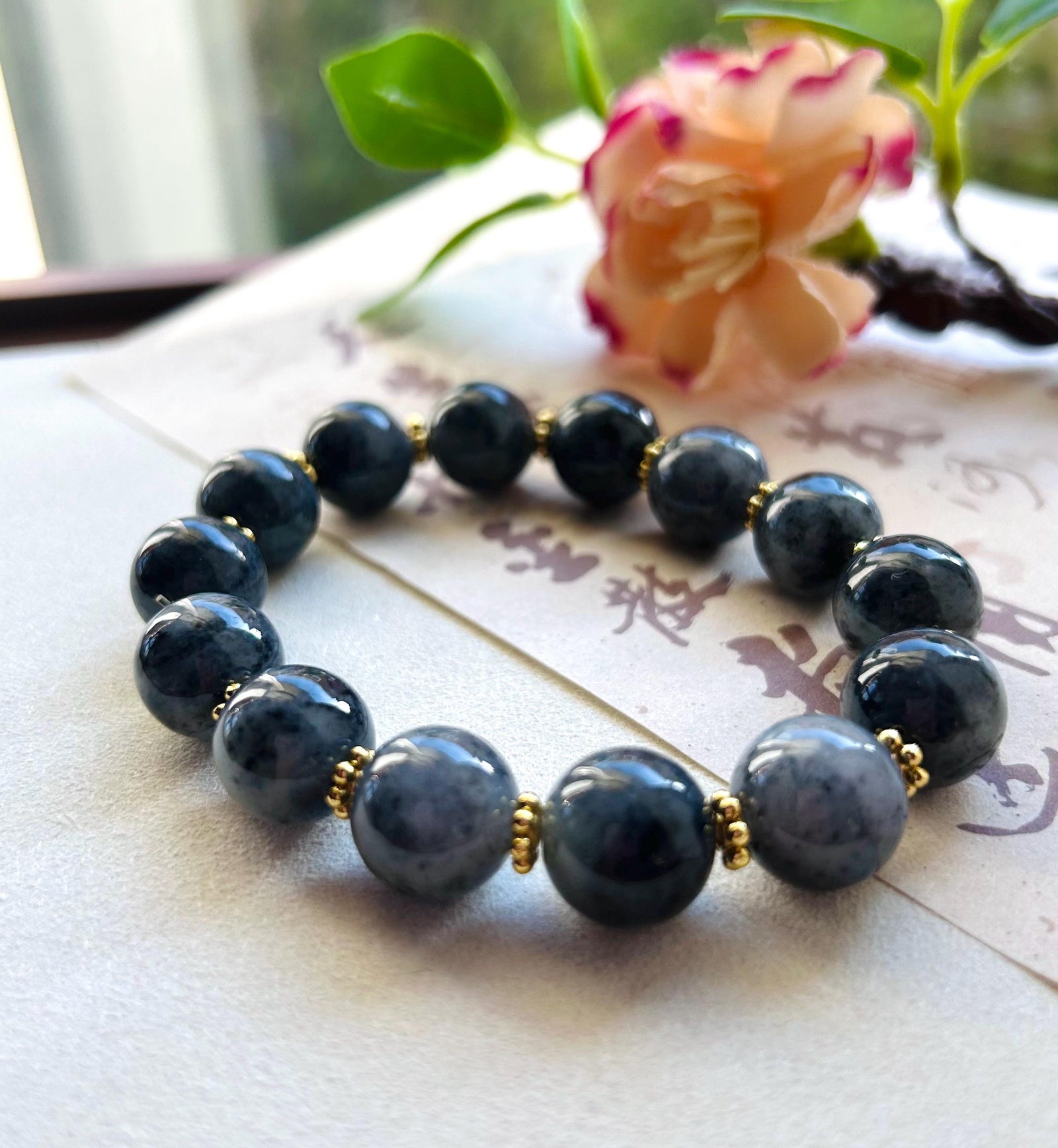 Jadeite Jade BIG Beads 13mm Bracelet Jewelry Mothers Day Gift Natural Untreated Burmese Type A Icy Gelatinous Wuji Black Jade Bracelet