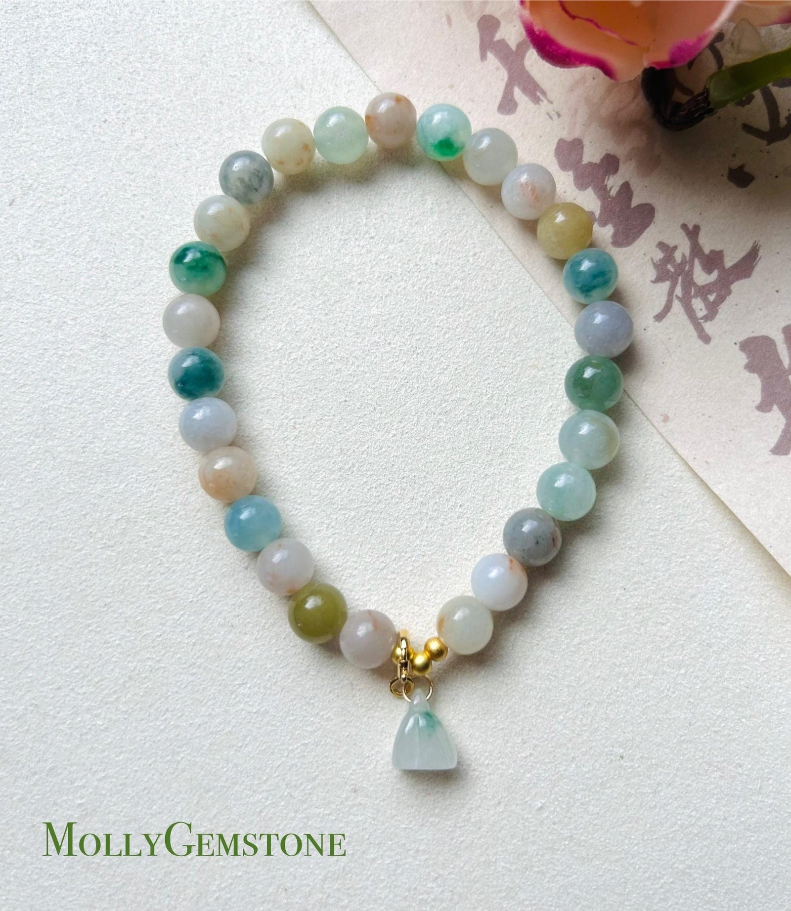 Jadeite Jade Beaded Bracelet Jewelry Gift for Her Natural Burmese Type A Icy Translucent RARE multicolored Rainbow Floral Jade 7.2mm