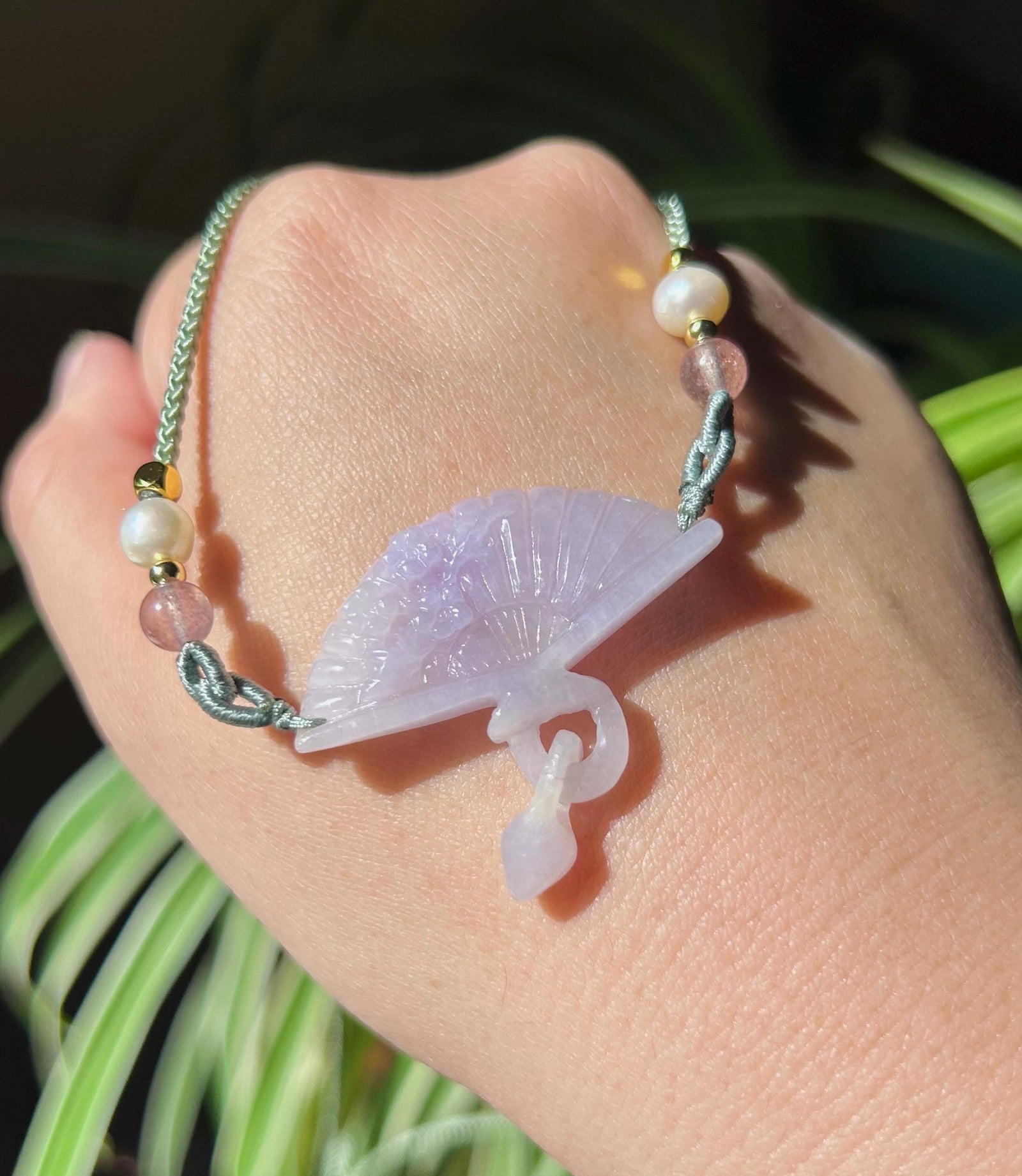 Jadeite Jade Pendant Jewelry Gift Natural Burmese Type A Translucent Icy Green/ Lavender Purple Jade Handcarved Interlocking Rings Fan