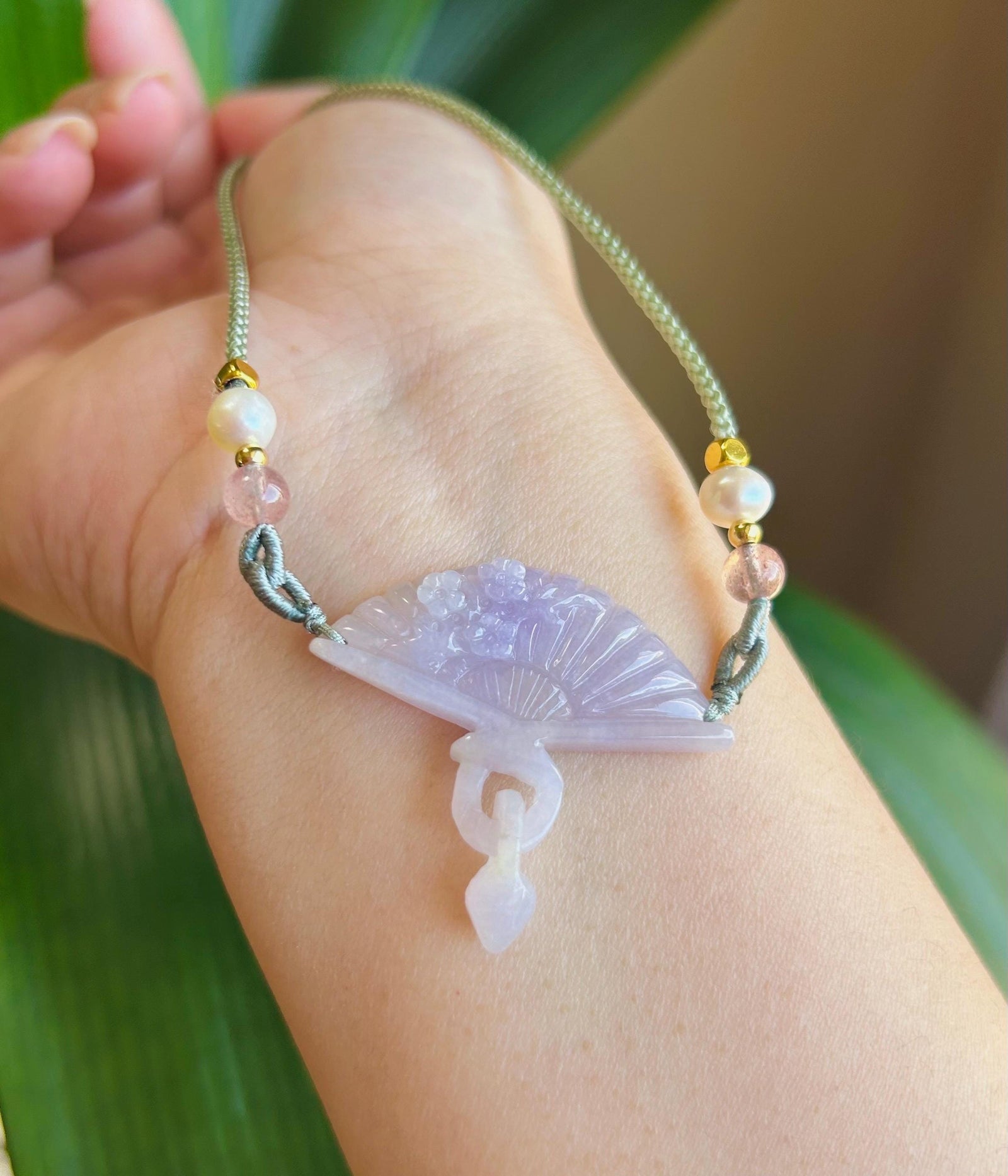 Jadeite Jade Pendant Jewelry Gift Natural Burmese Type A Translucent Icy Green/ Lavender Purple Jade Handcarved Interlocking Rings Fan