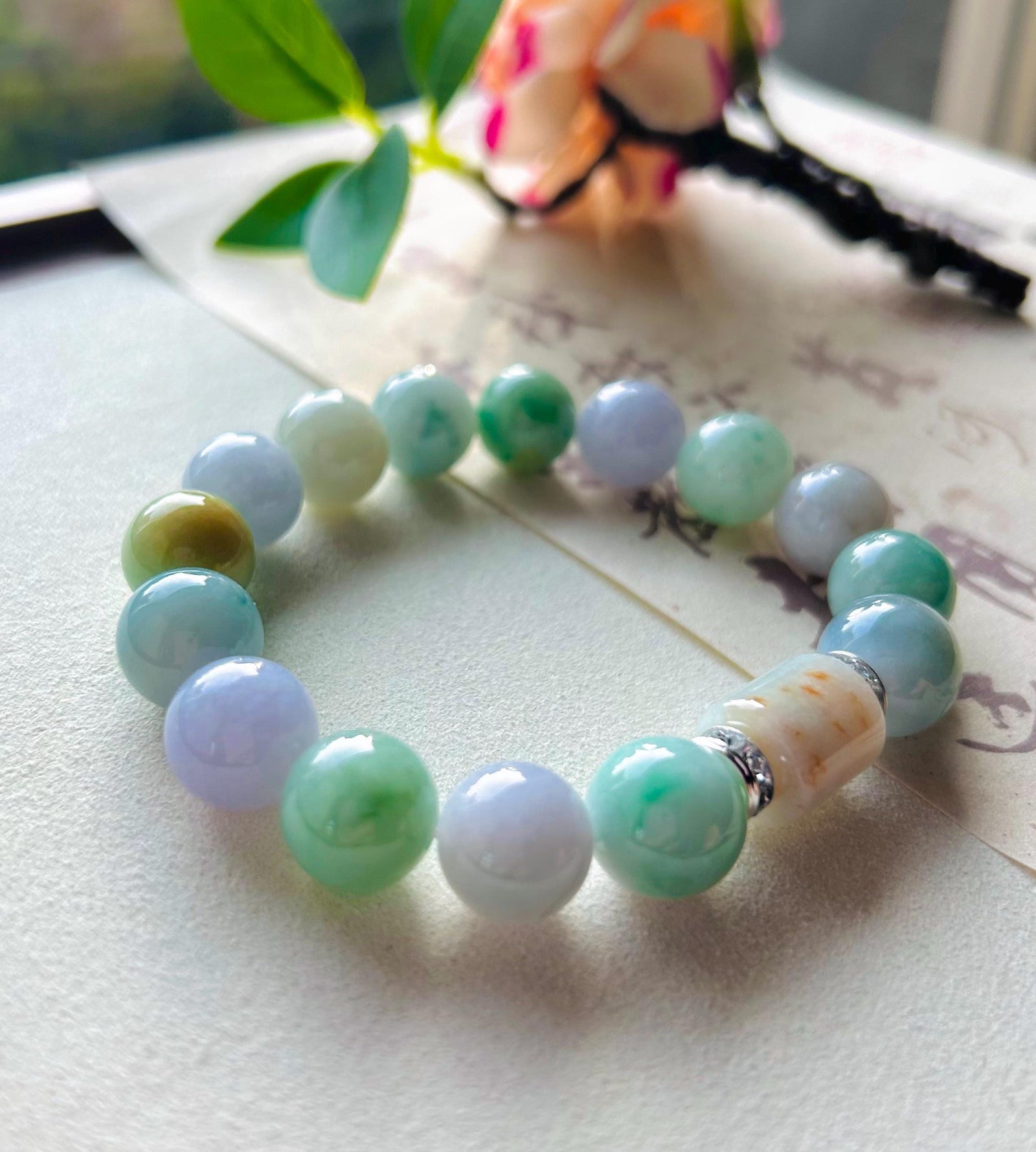 Jadeite Jade Beaded Bracelet Jewelry Gift for Her Natural Burmese Type A Icy Gelatinous RARE Multicolored Rainbow Floral 12mm BIG Beads