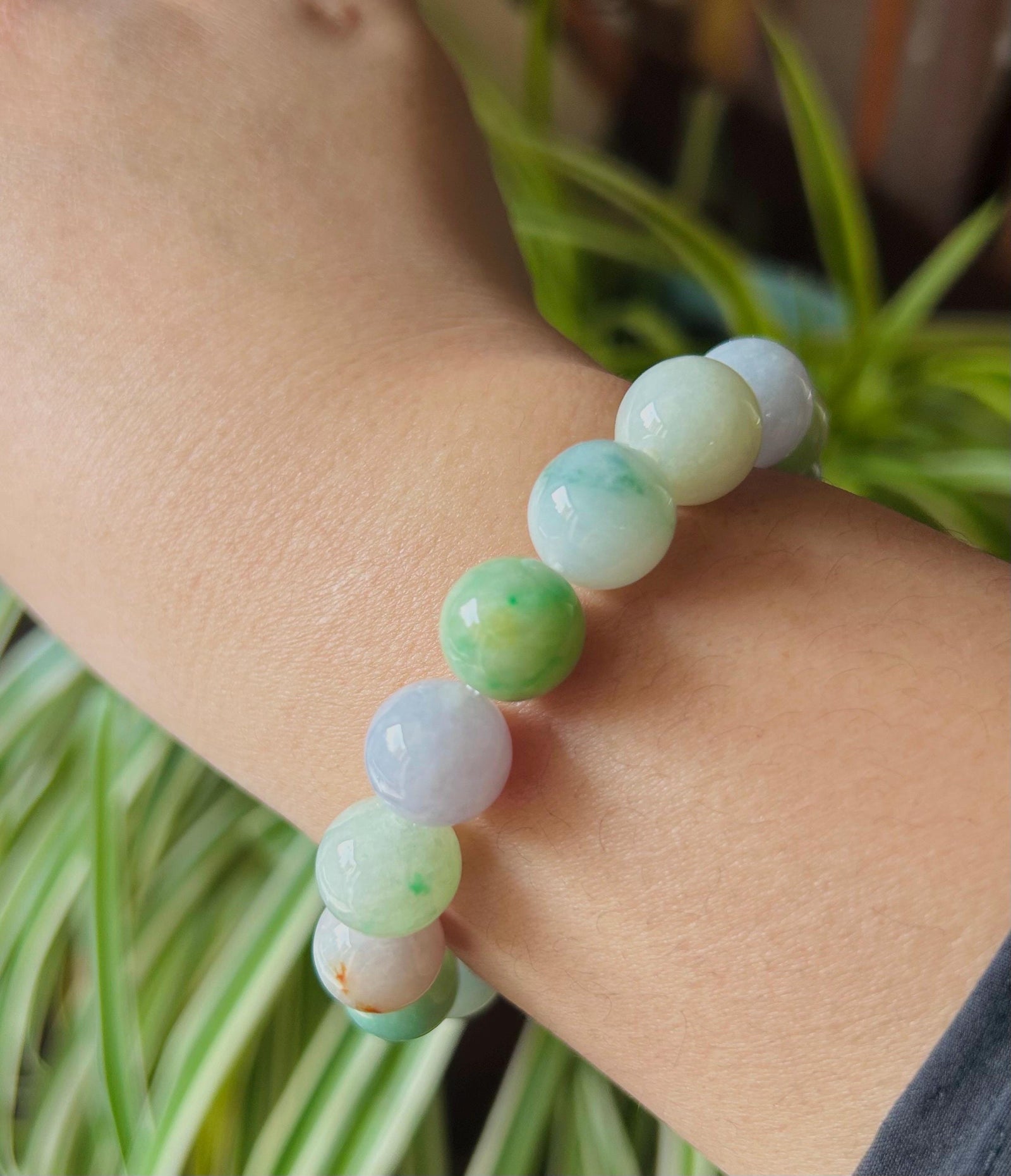 Jadeite Jade Beaded Bracelet Jewelry Gift for Her Natural Burmese Type A Icy Gelatinous RARE Multicolored Rainbow Floral 12mm BIG Beads