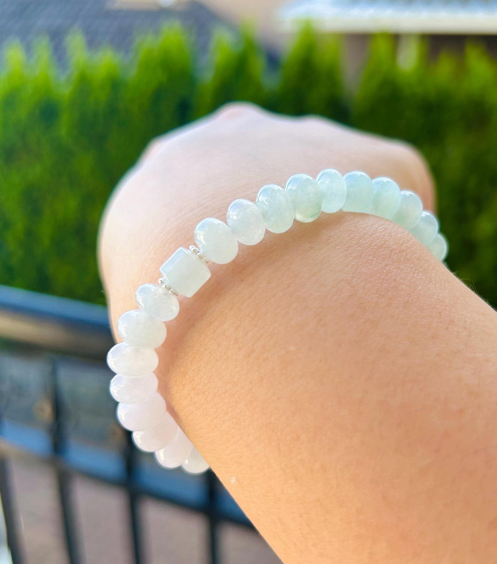 Jadeite Jade Beaded Bracelet Jewelry Gift for Her Natural Burmese Type A Highly Translucent Icy Blue & White Gradient Color 8mm Jade