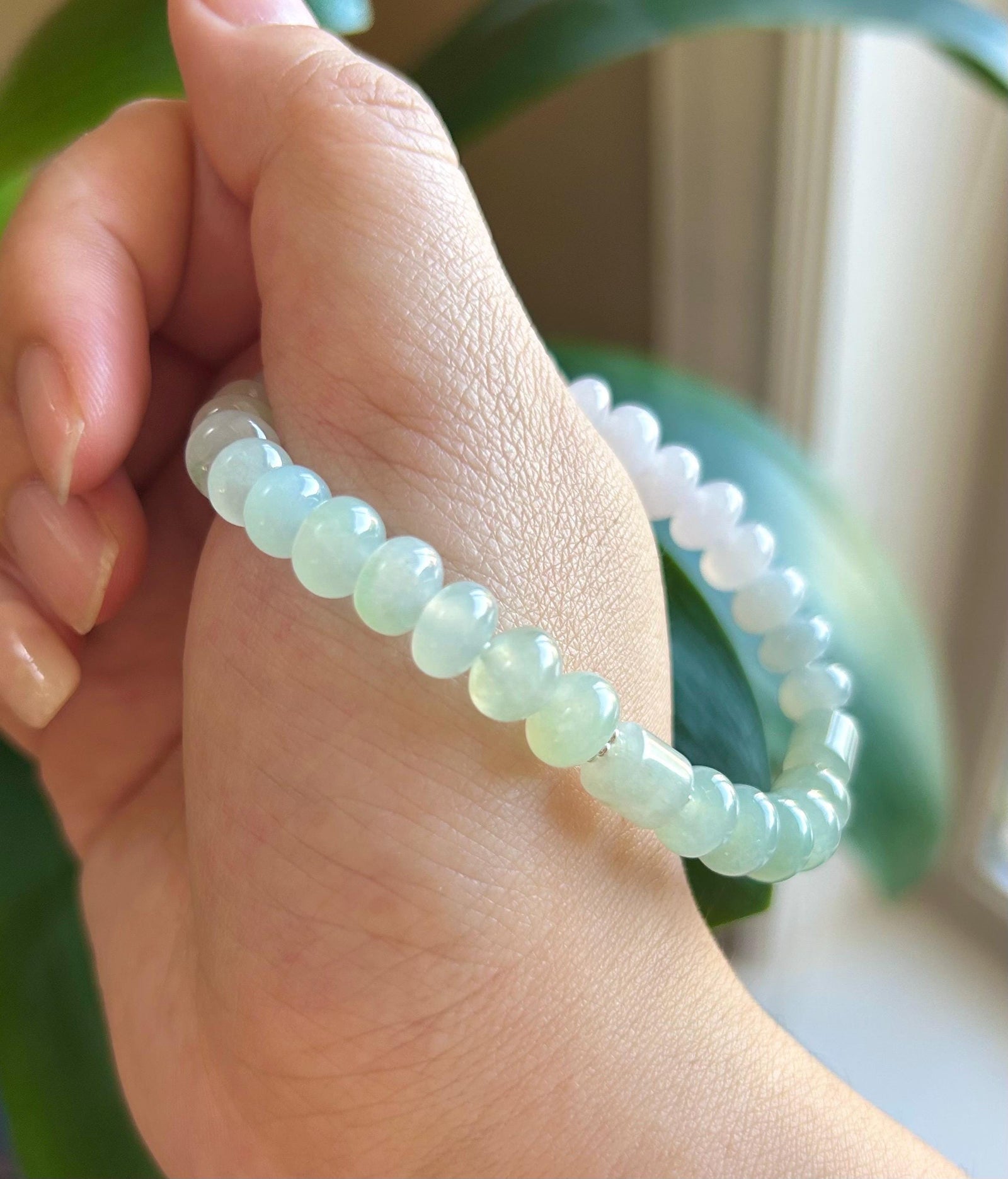 Jadeite Jade Beaded Bracelet Jewelry Gift for Her Natural Burmese Type A Highly Translucent Icy Blue & White Gradient Color 8mm Jade