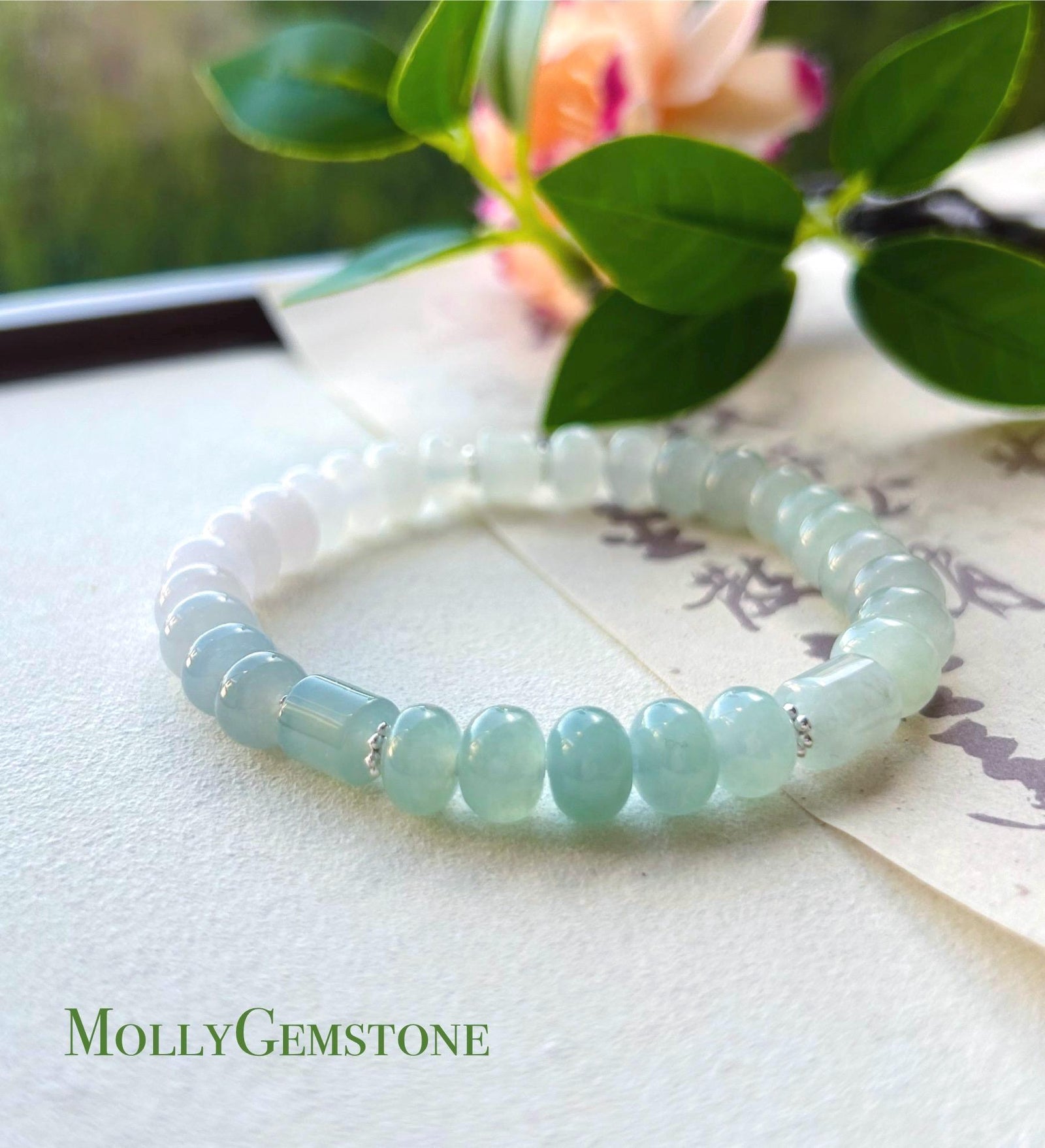 Jadeite Jade Beaded Bracelet Jewelry Gift for Her Natural Burmese Type A Highly Translucent Icy Blue & White Gradient Color 8mm Jade