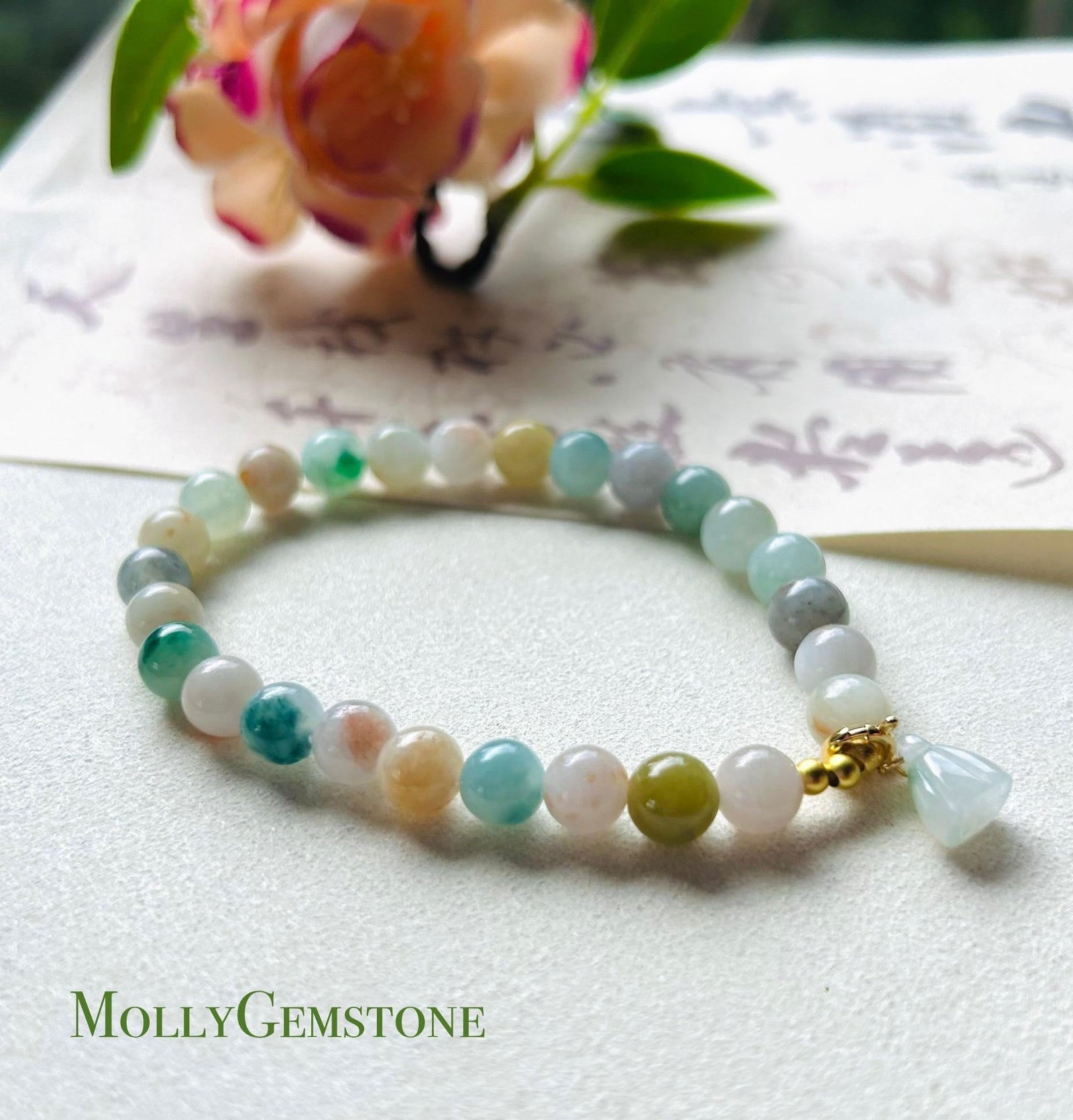 Jadeite Jade Beaded Bracelet Jewelry Gift for Her Natural Burmese Type A Icy Translucent RARE multicolored Rainbow Floral Jade 7.2mm