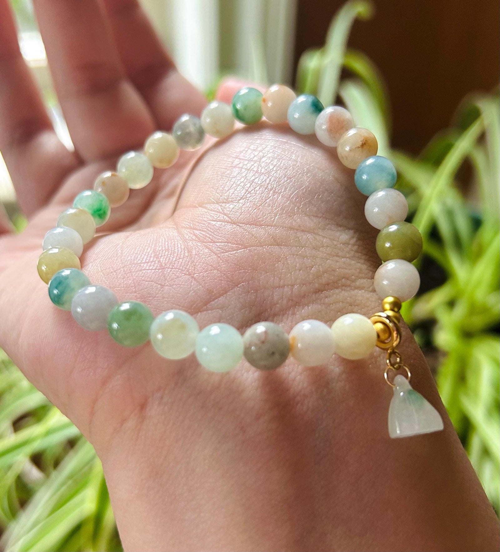 Jadeite Jade Beaded Bracelet Jewelry Gift for Her Natural Burmese Type A Icy Translucent RARE multicolored Rainbow Floral Jade 7.2mm
