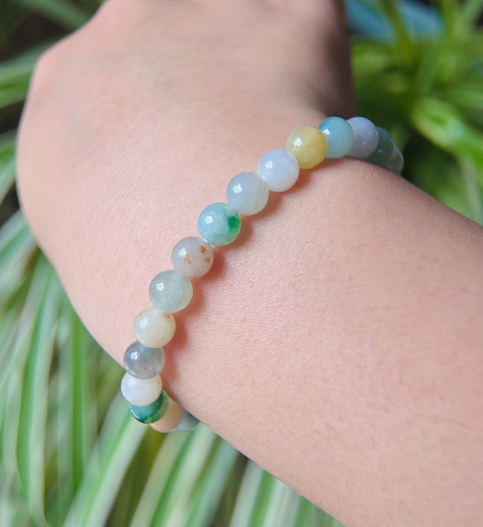 Jadeite Jade Beaded Bracelet Jewelry Gift for Her Natural Burmese Type A Icy Translucent RARE multicolored Rainbow Floral Jade 7.2mm