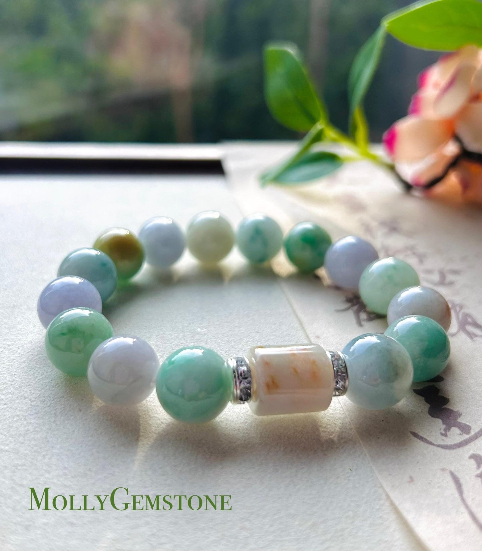 Jadeite Jade Beaded Bracelet Jewelry Gift for Her Natural Burmese Type A Icy Gelatinous RARE Multicolored Rainbow Floral 12mm BIG Beads