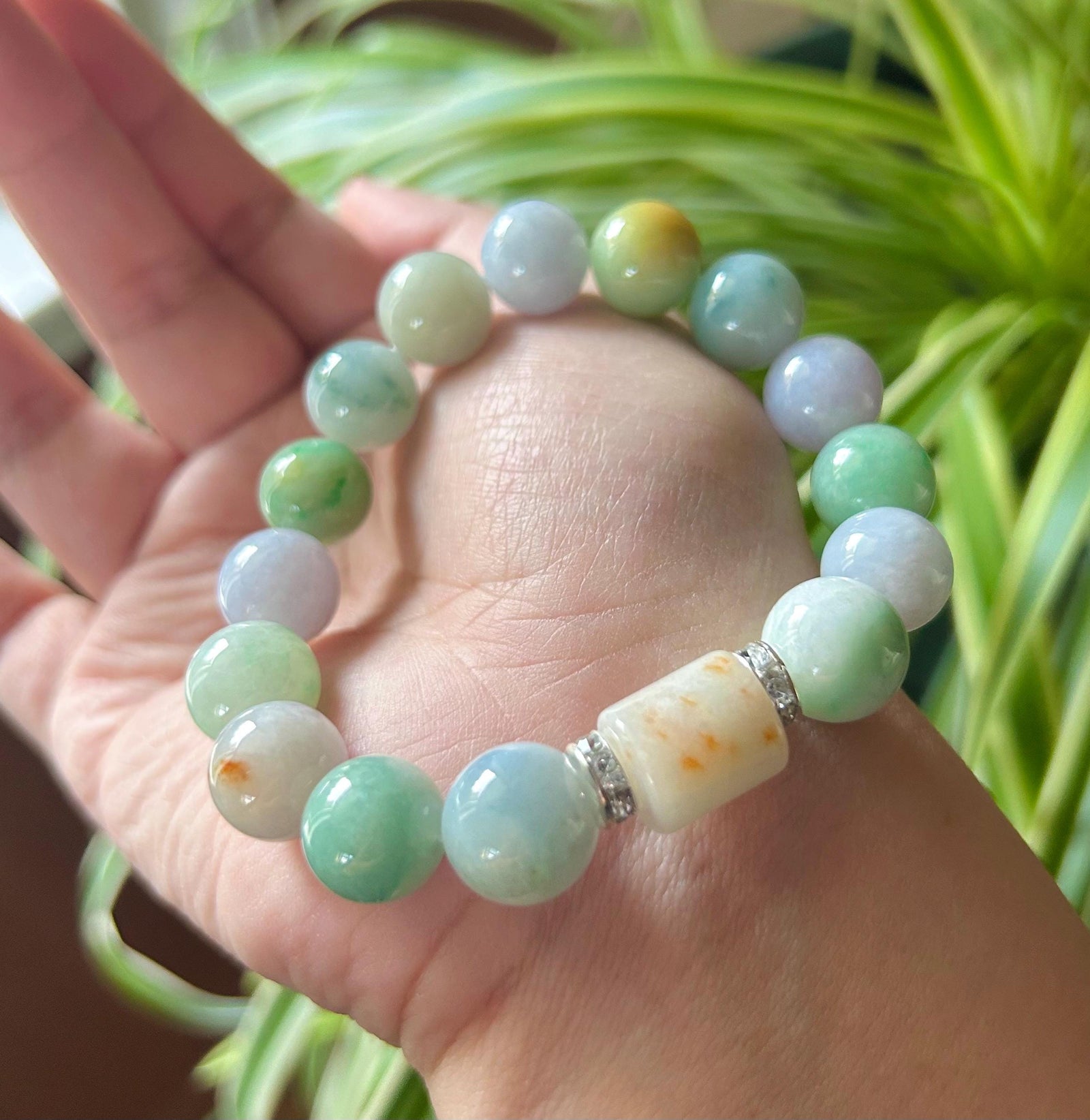 Jadeite Jade Beaded Bracelet Jewelry Gift for Her Natural Burmese Type A Icy Gelatinous RARE Multicolored Rainbow Floral 12mm BIG Beads