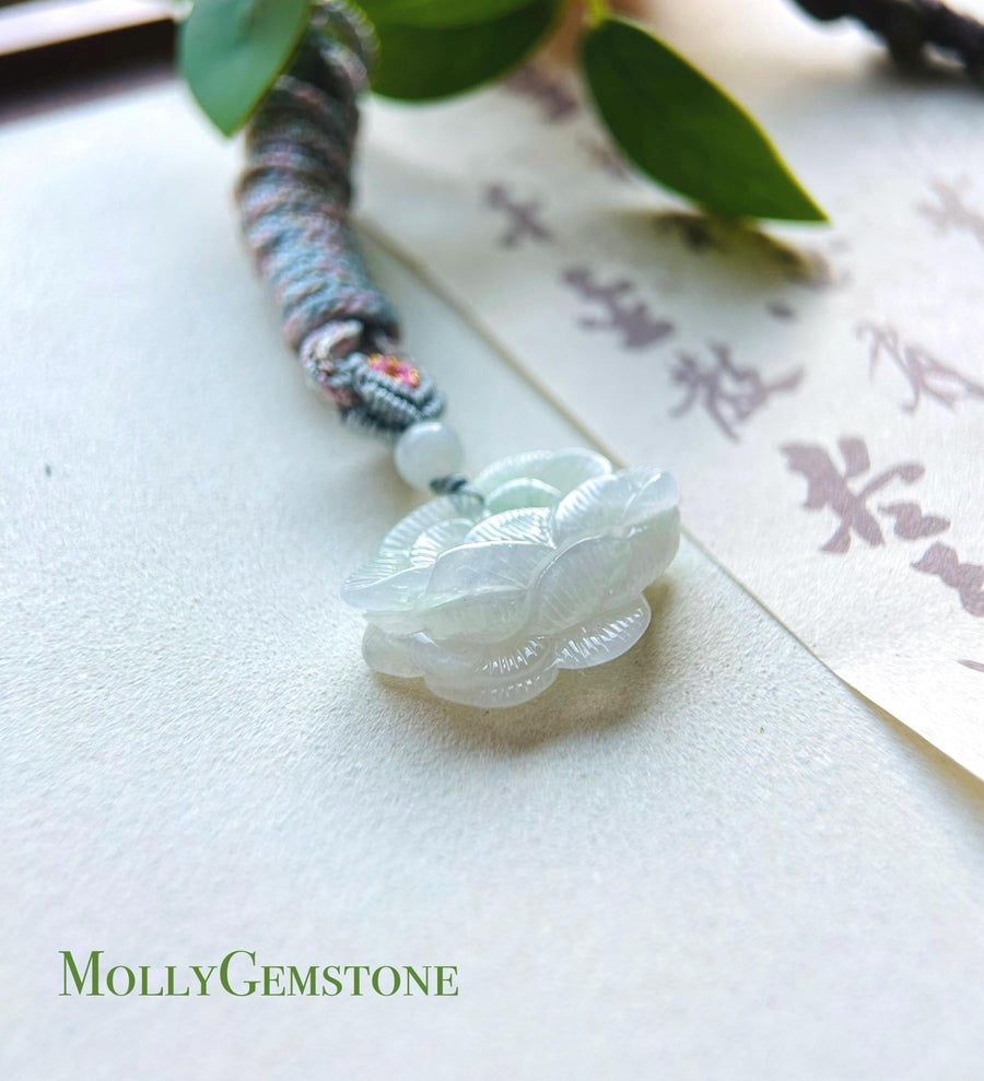 Certified Jadeite Jade Lotus Pendant Necklace Jewelry Gift for Her Natural Burmese Translucent Type A Icy Green Jade Hand-carved Lotus Jade