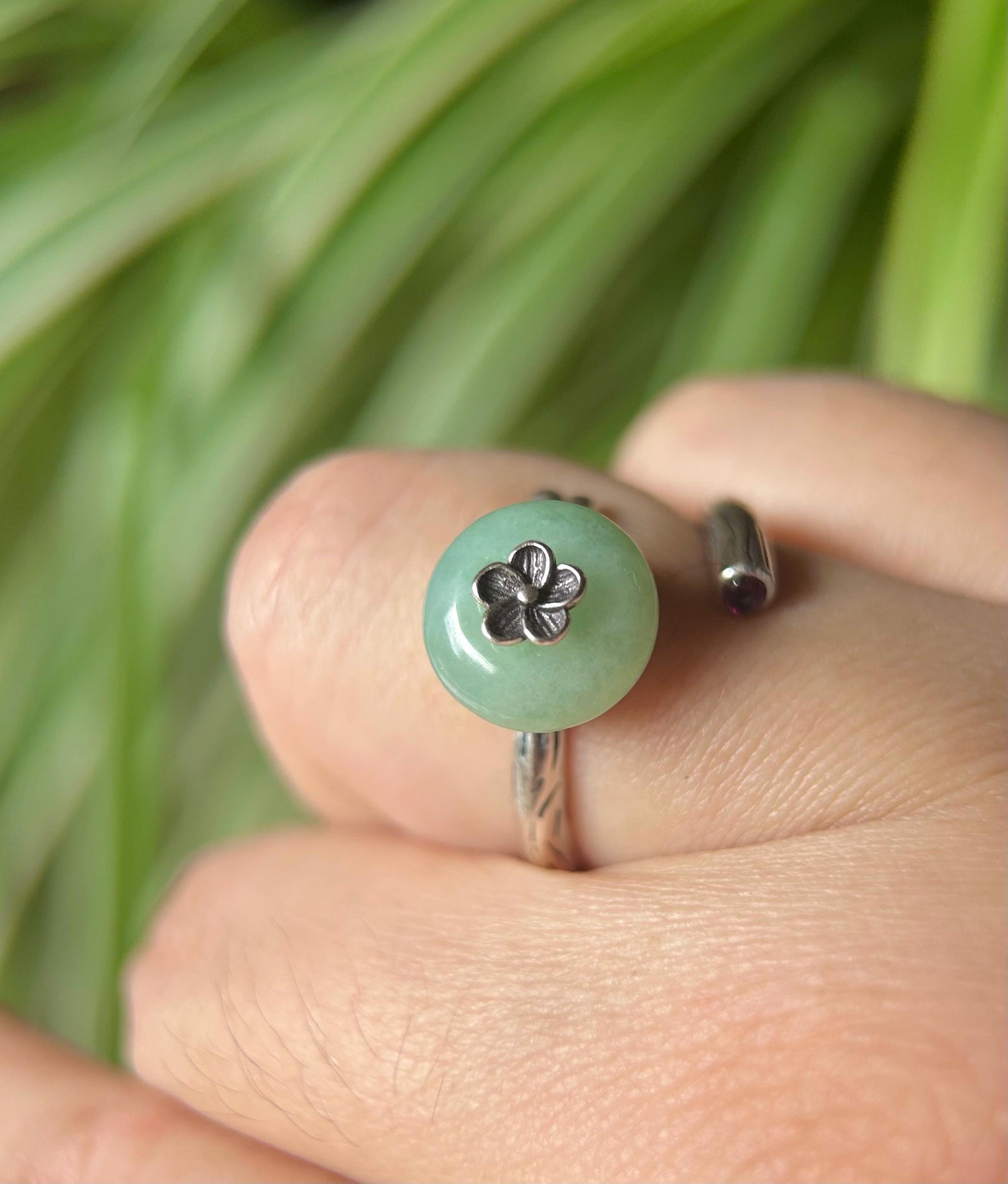 Natural Jadeite Jade Lucky Donut Ring Jewelry Gift for Her Burmese Type A Icy Gelatinous Green Peace Buckle Adjustable Sterling Silver Ring