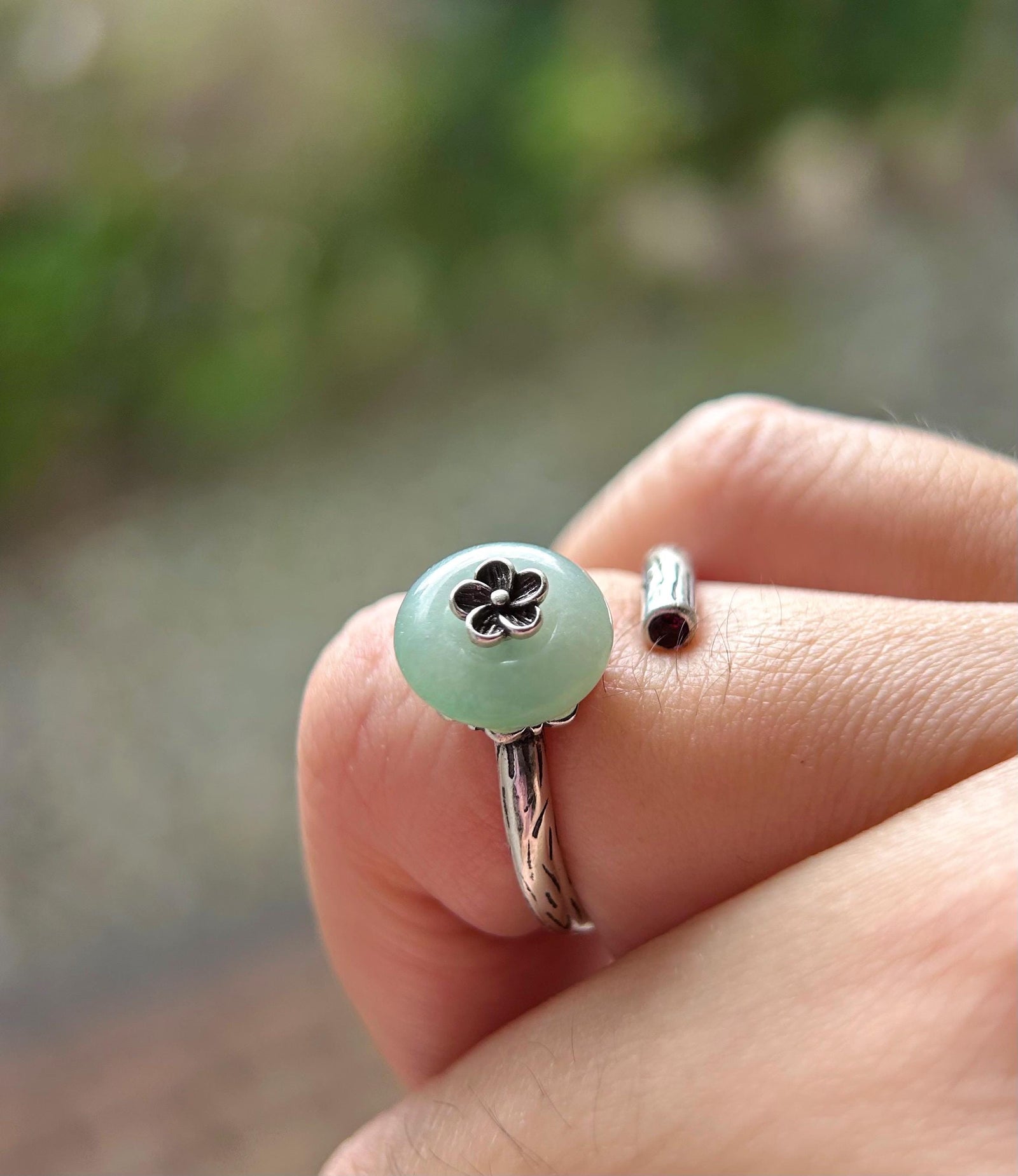 Natural Jadeite Jade Lucky Donut Ring Jewelry Gift for Her Burmese Type A Icy Gelatinous Green Peace Buckle Adjustable Sterling Silver Ring