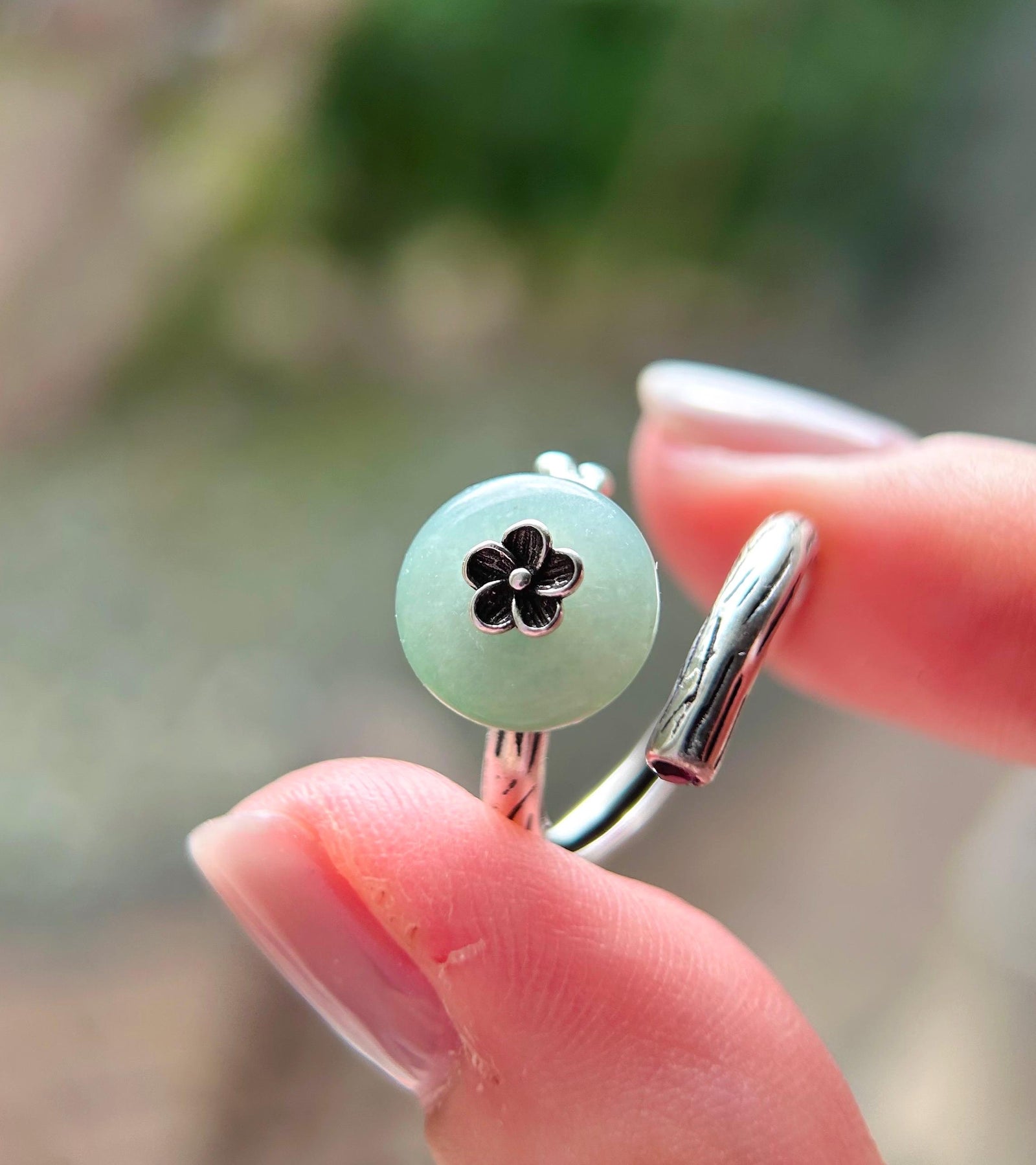 Natural Jadeite Jade Lucky Donut Ring Jewelry Gift for Her Burmese Type A Icy Gelatinous Green Peace Buckle Adjustable Sterling Silver Ring