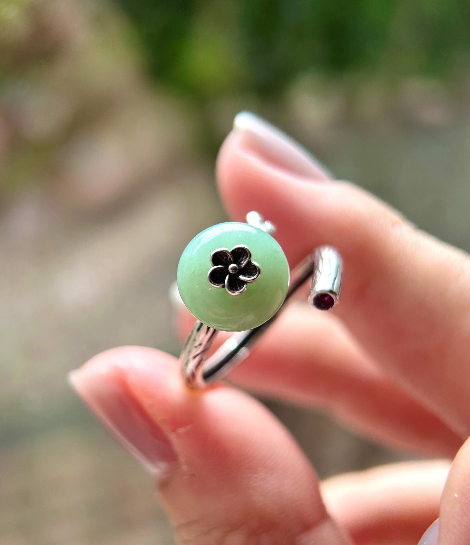 Natural Jadeite Jade Lucky Donut Ring Jewelry Gift for Her Burmese Type A Icy Gelatinous Green Peace Buckle Adjustable Sterling Silver Ring