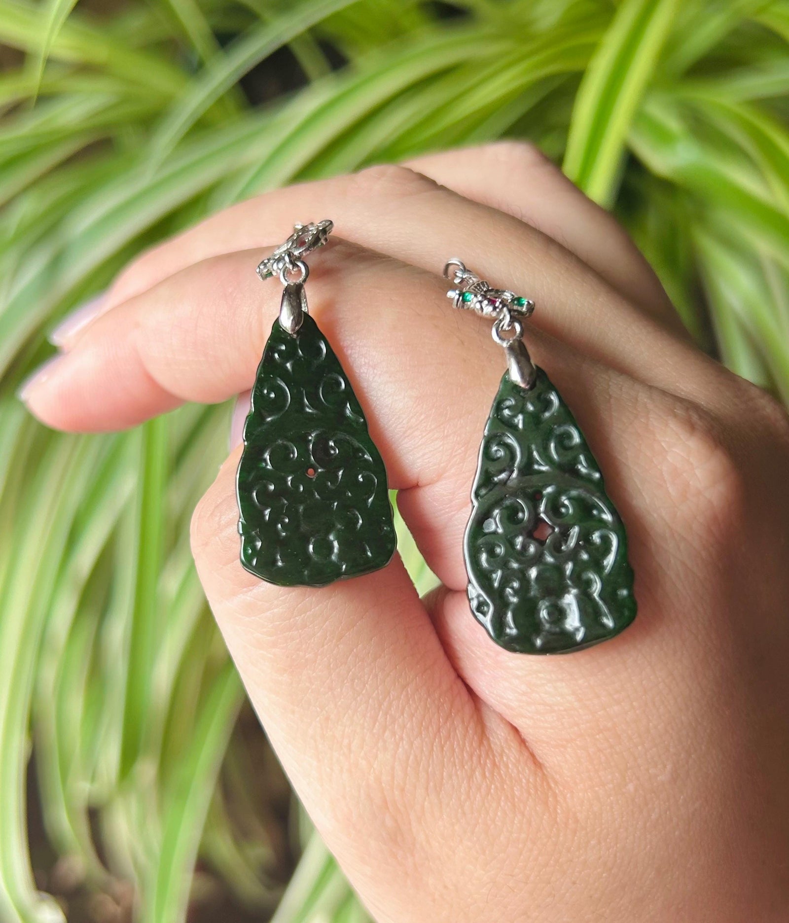 Jadeite Jade & Silver Earrings Handcrafted Jewelry Gift for Her Natural Burmese Type A Icy Translucent Gelatinous Icy Dark Green Jade