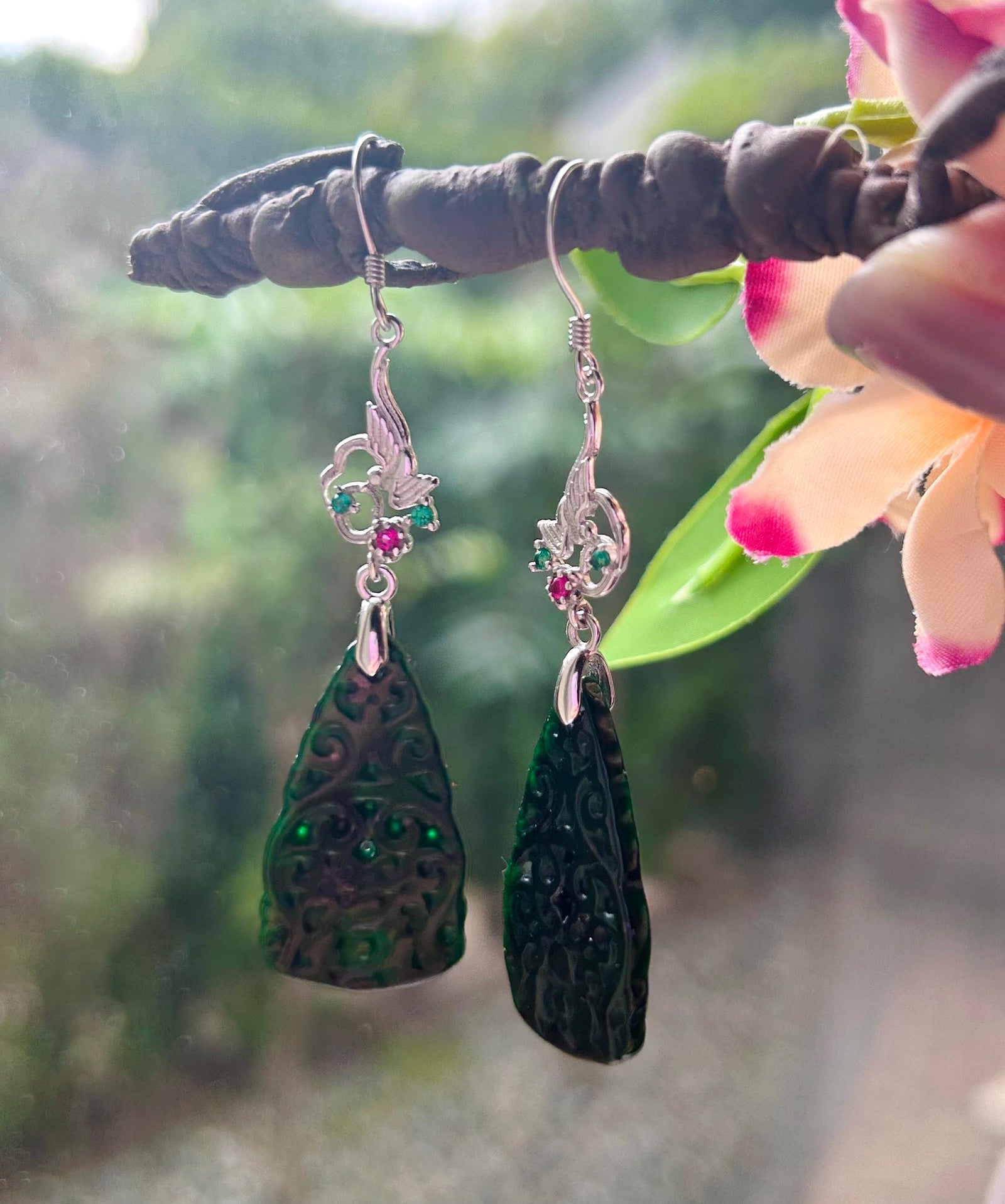 Jadeite Jade & Silver Earrings Handcrafted Jewelry Gift for Her Natural Burmese Type A Icy Translucent Gelatinous Icy Dark Green Jade
