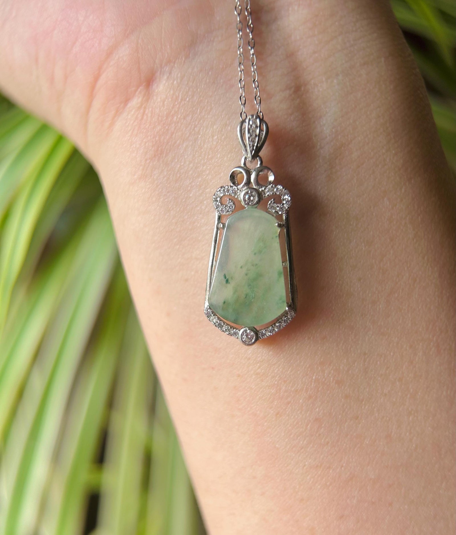 Jadeite Jade Pendant Sterling Silver Necklace Jewelry Gift for Her Burmese Untreated Type A Highly Translucent Icy Blue Green Floral Jade