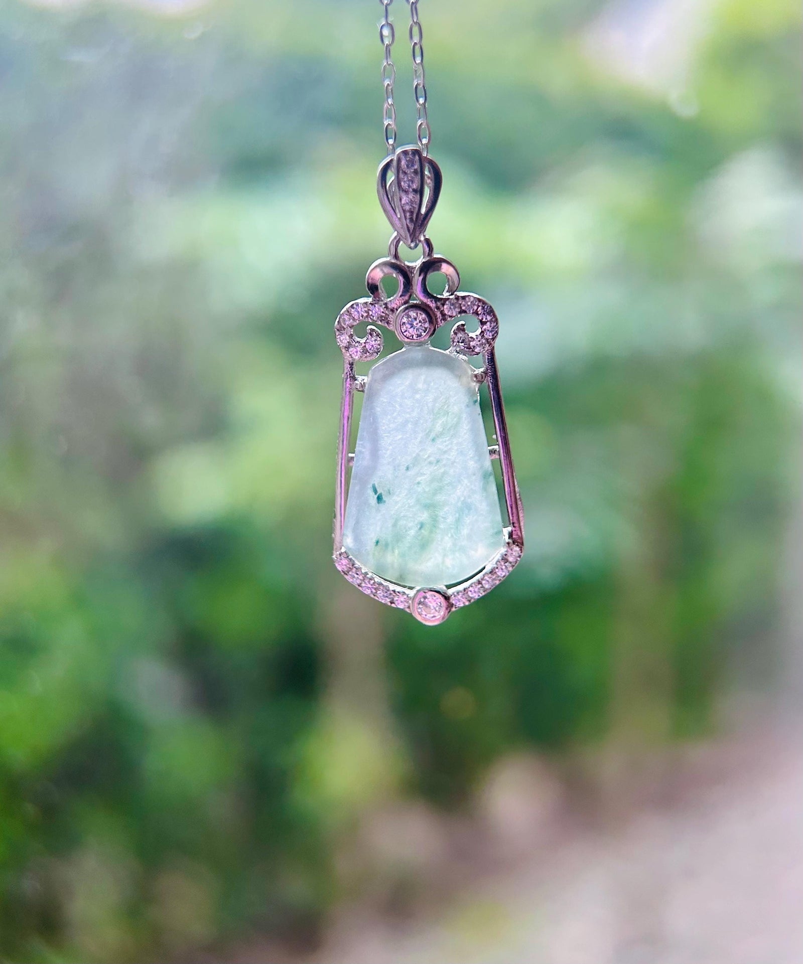 Jadeite Jade Pendant Sterling Silver Necklace Jewelry Gift for Her Burmese Untreated Type A Highly Translucent Icy Blue Green Floral Jade