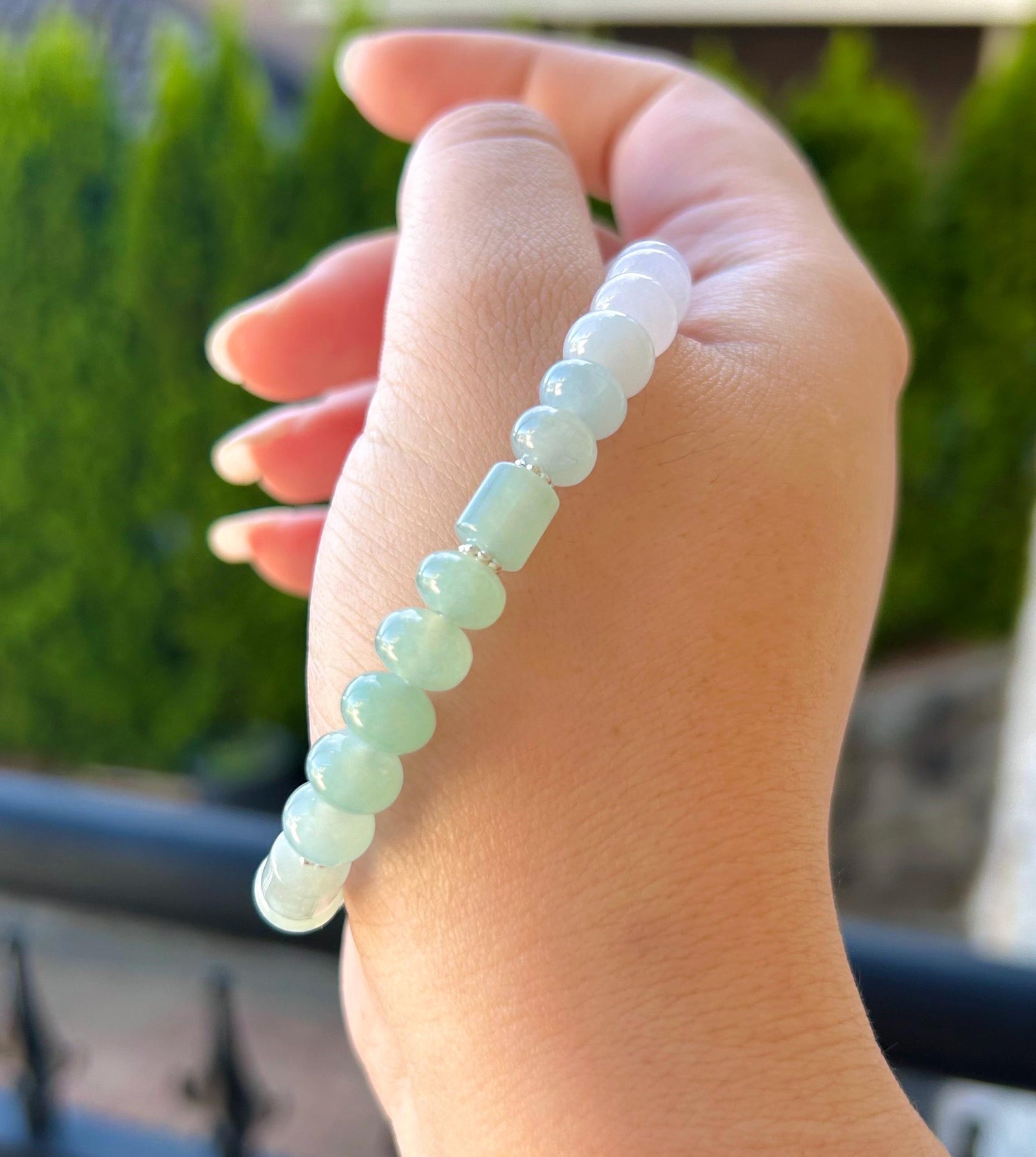 Jadeite Jade Beaded Bracelet Jewelry Gift for Her Natural Burmese Type A Highly Translucent Icy Blue & White Gradient Color 8mm Jade