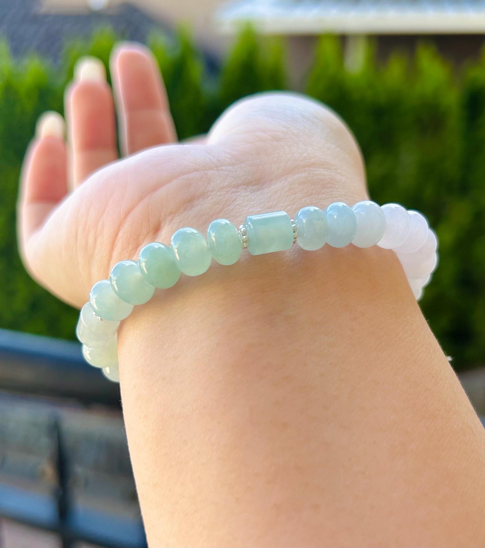 Jadeite Jade Beaded Bracelet Jewelry Gift for Her Natural Burmese Type A Highly Translucent Icy Blue & White Gradient Color 8mm Jade