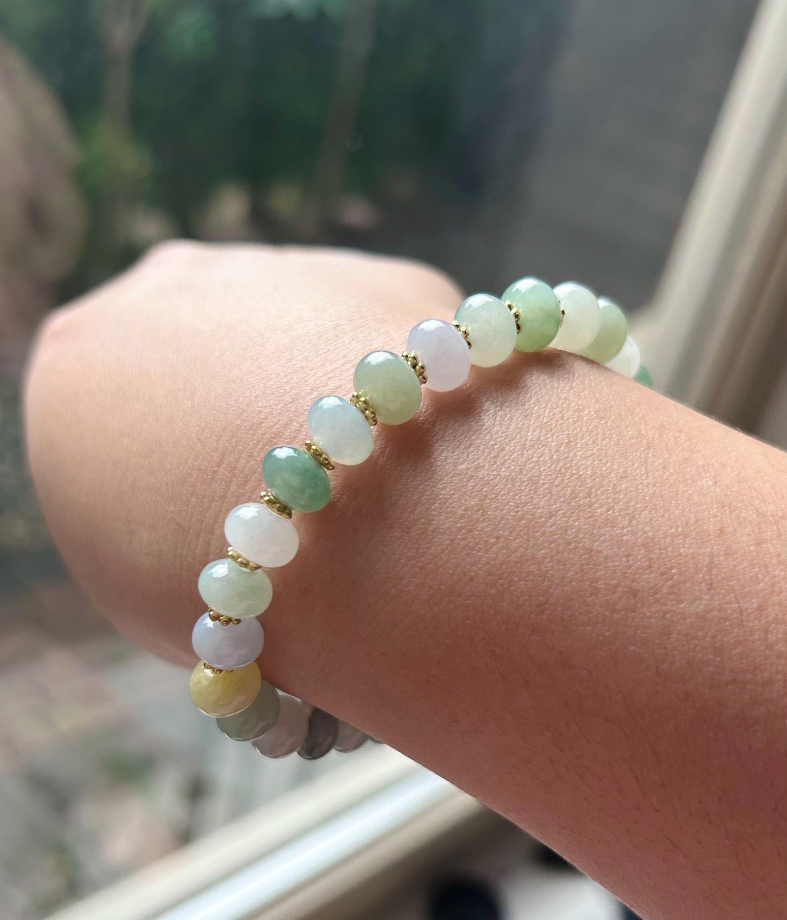 Jadeite Jade Beaded Bracelet Jewelry Gift for Her Natural Burmese Type A Icy High Translucency Jadeite Multi-color 8.3mm Drum Bead Handmade