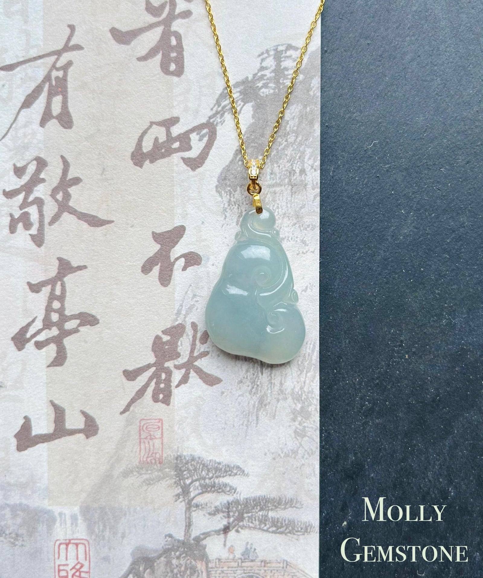 Jadeite Jade Pendant Necklace Jewelry Gift for Her Natural Burmese Type A Icy Highly Translucent Light Blue Jadeite & Sterling Silver RuYi