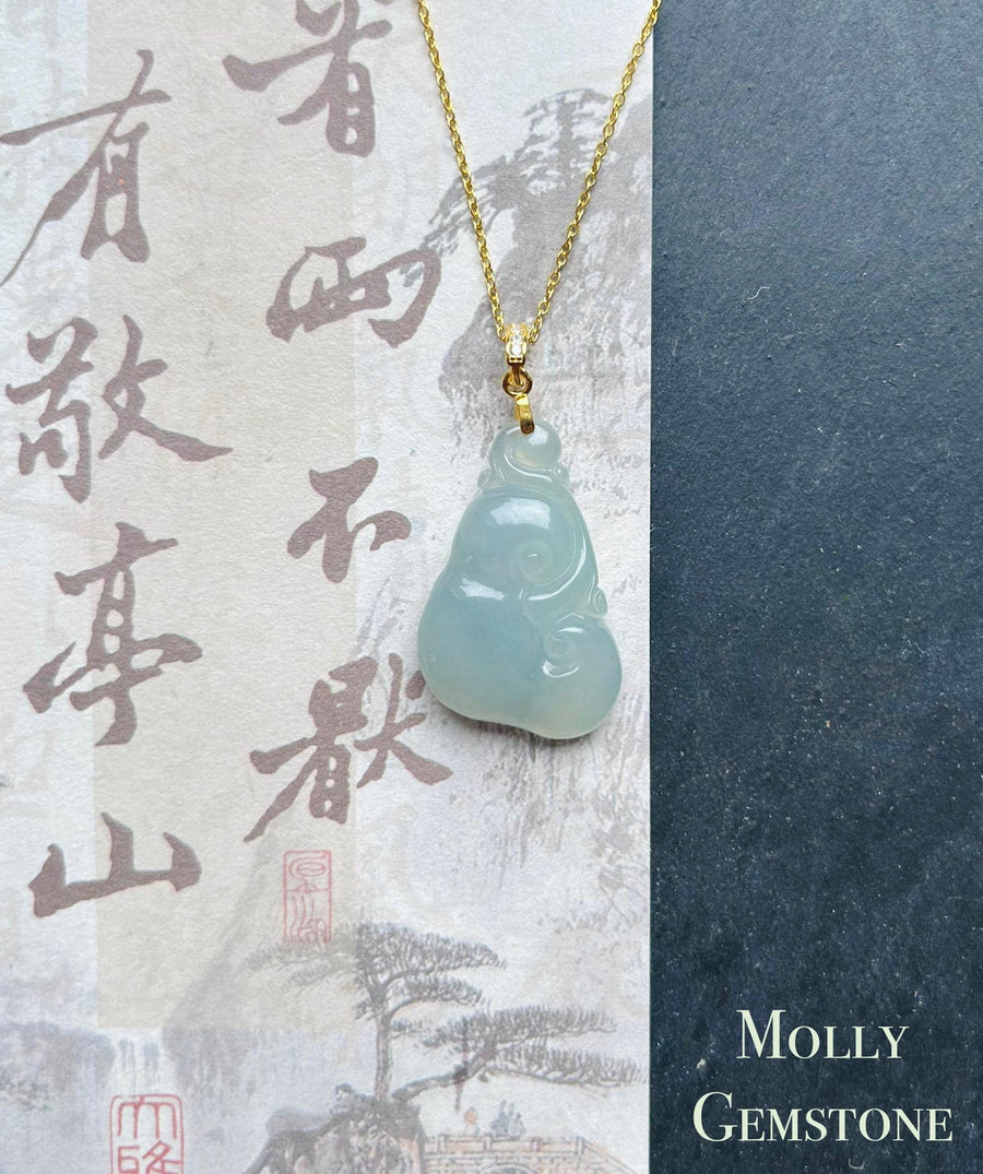 Jadeite Jade Pendant Necklace Jewelry Gift for Her Natural Burmese Type A Icy Highly Translucent Light Blue Jadeite & Sterling Silver RuYi