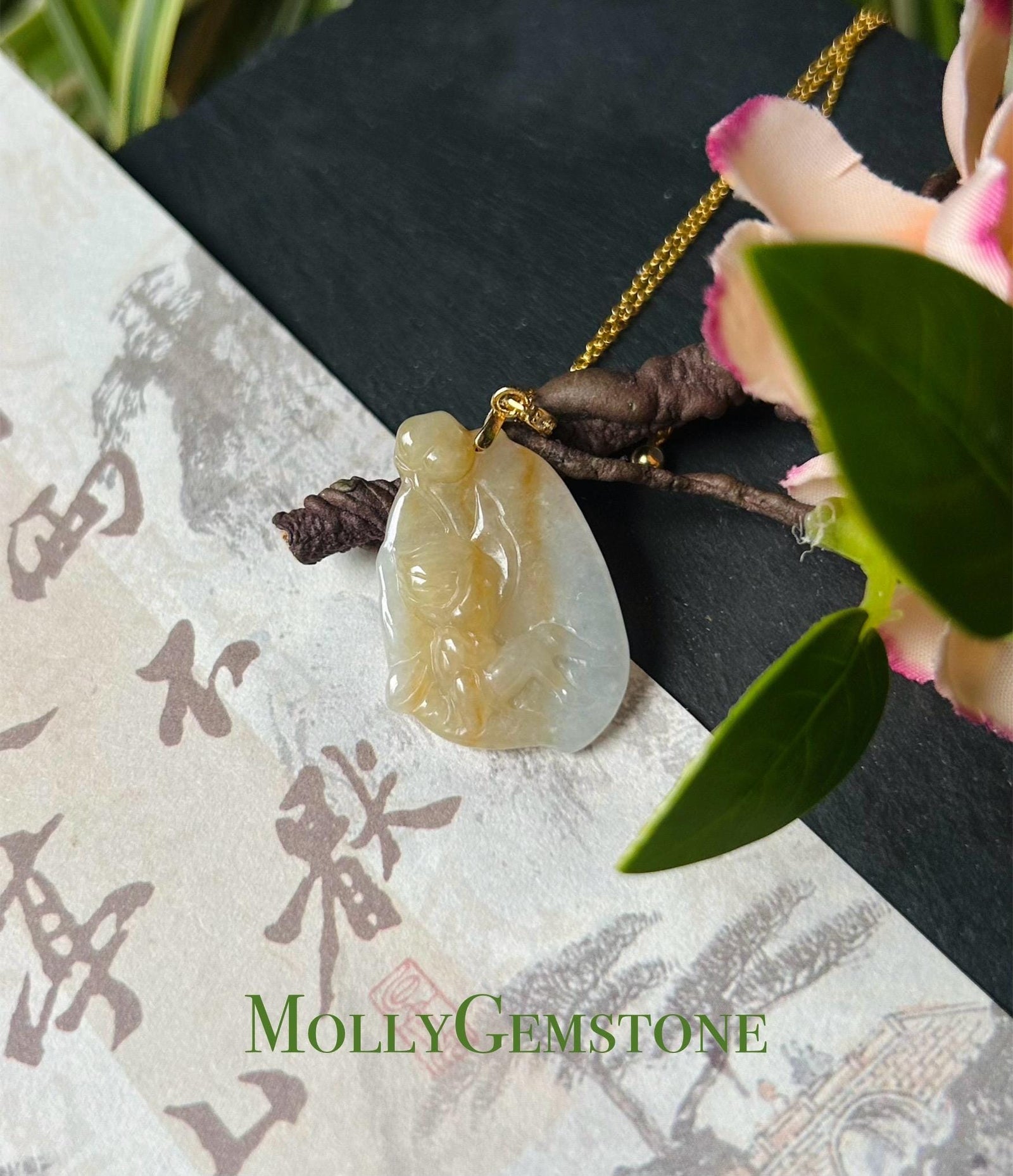 Jadeite Jade Cute Fairy Pendant Necklace Jewelry Gift for Her Natural Burmese Type A Icy Highly Translucent Yellow Jadeite & Sterling Silver