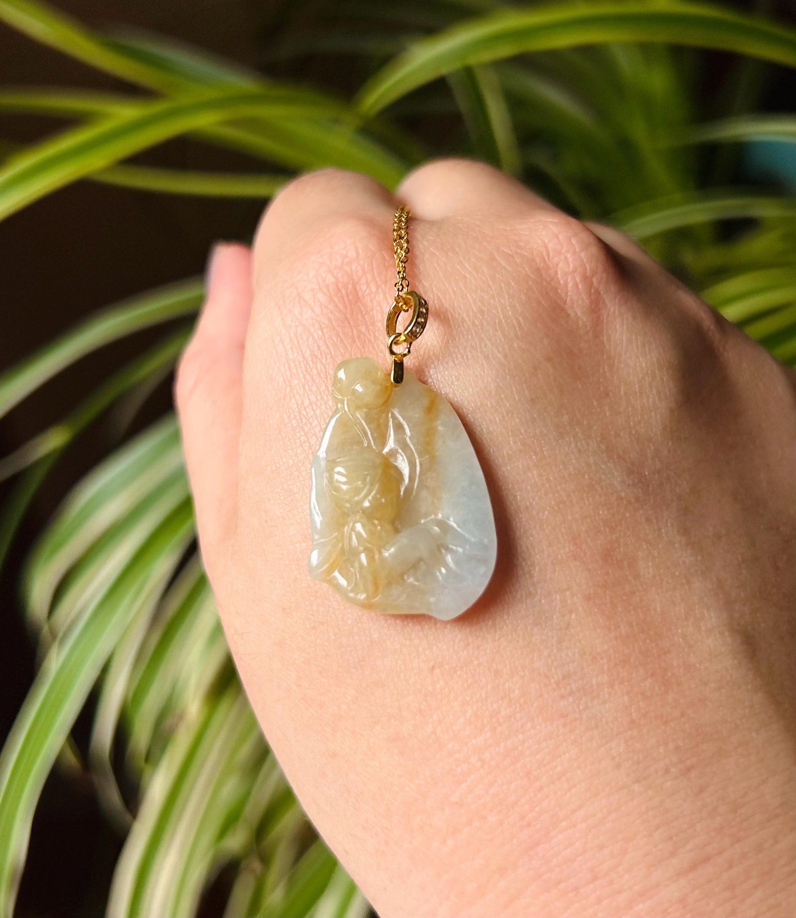 Jadeite Jade Cute Fairy Pendant Necklace Jewelry Gift for Her Natural Burmese Type A Icy Highly Translucent Yellow Jadeite & Sterling Silver