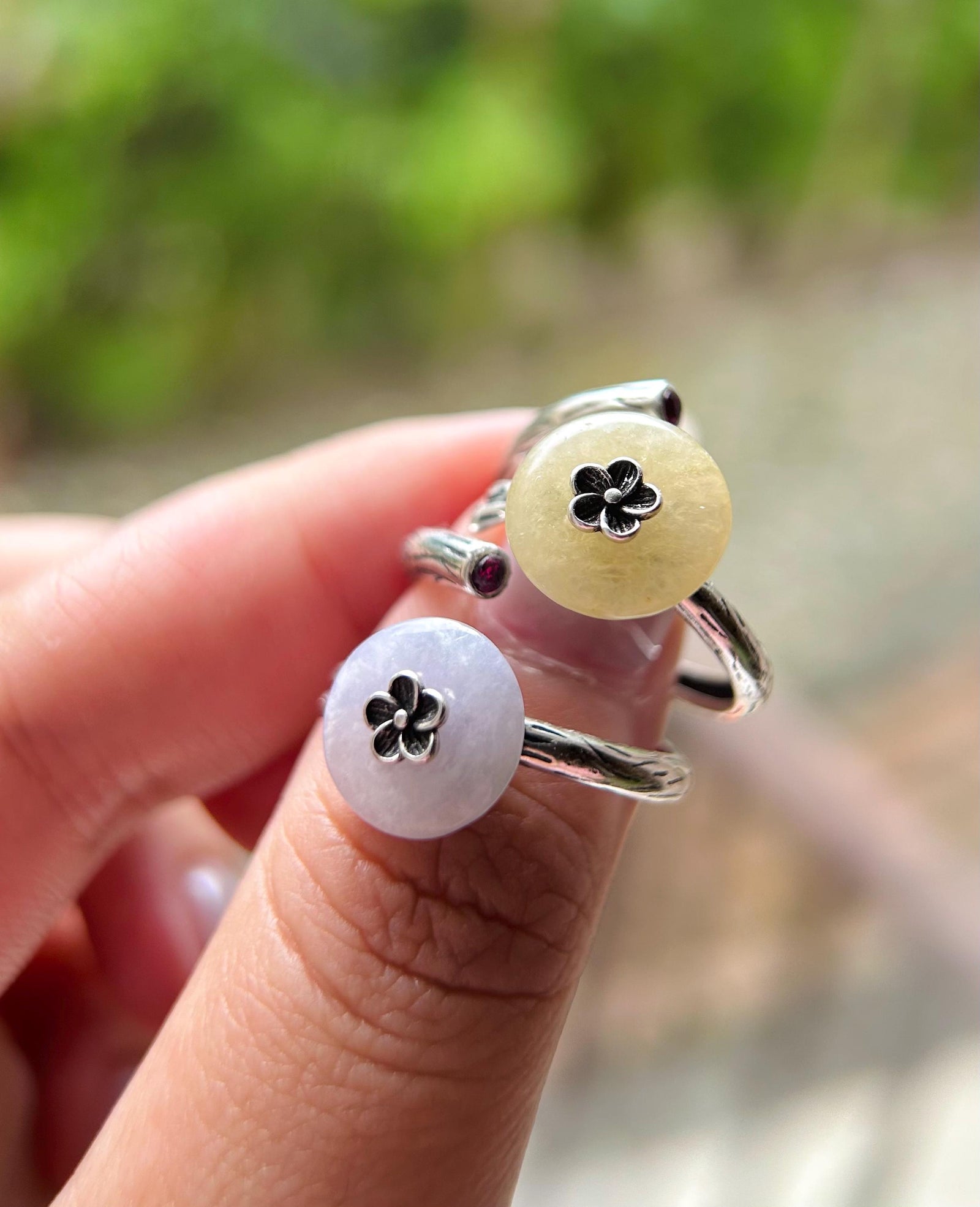 Natural Jadeite Jade Lucky Donut Ring Jewelry Gift for Her Burmese Type A Icy Gelatinous Yellow / Purple Adjustable Sterling Silver Ring