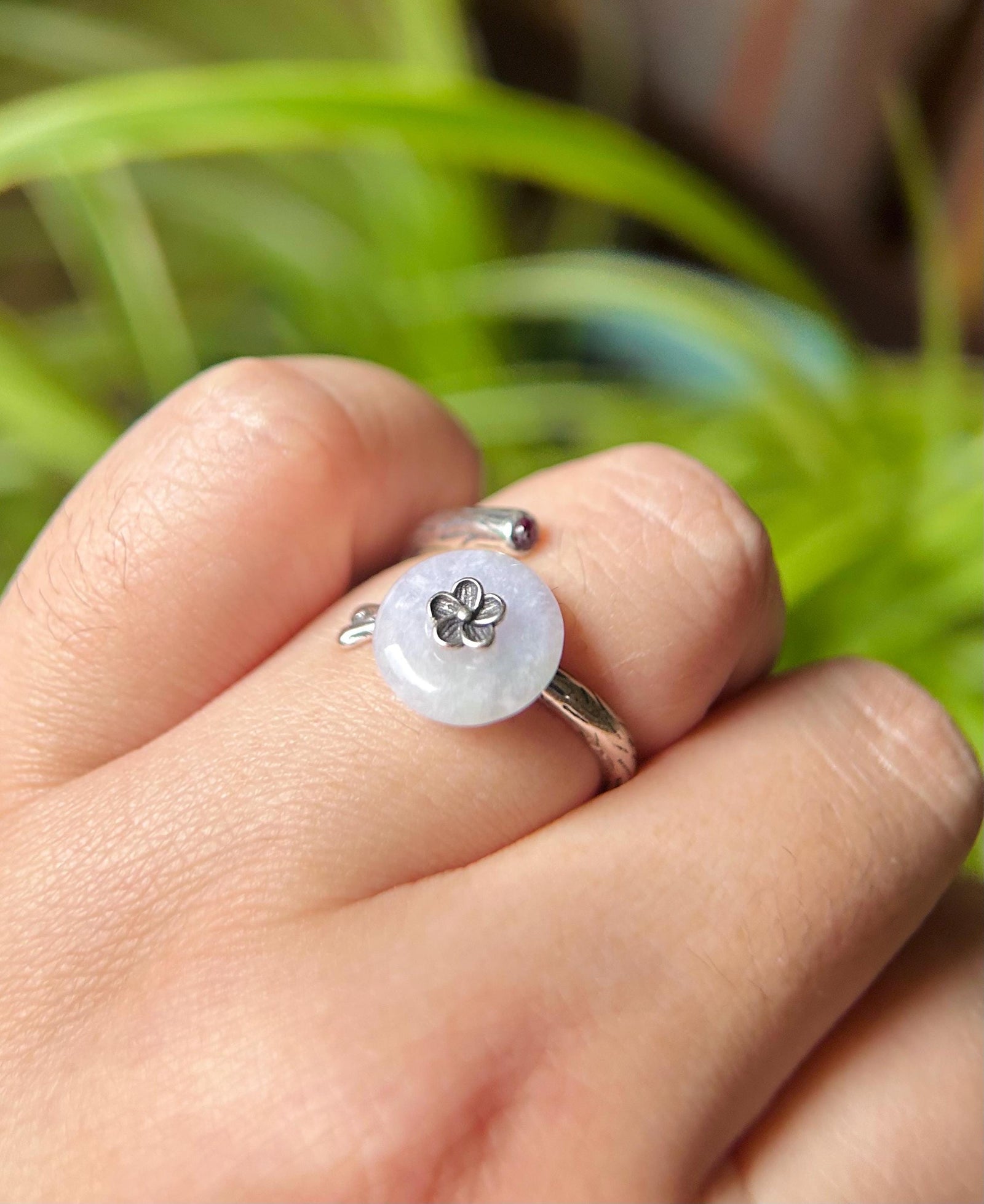 Natural Jadeite Jade Lucky Donut Ring Jewelry Gift for Her Burmese Type A Icy Gelatinous Yellow / Purple Adjustable Sterling Silver Ring