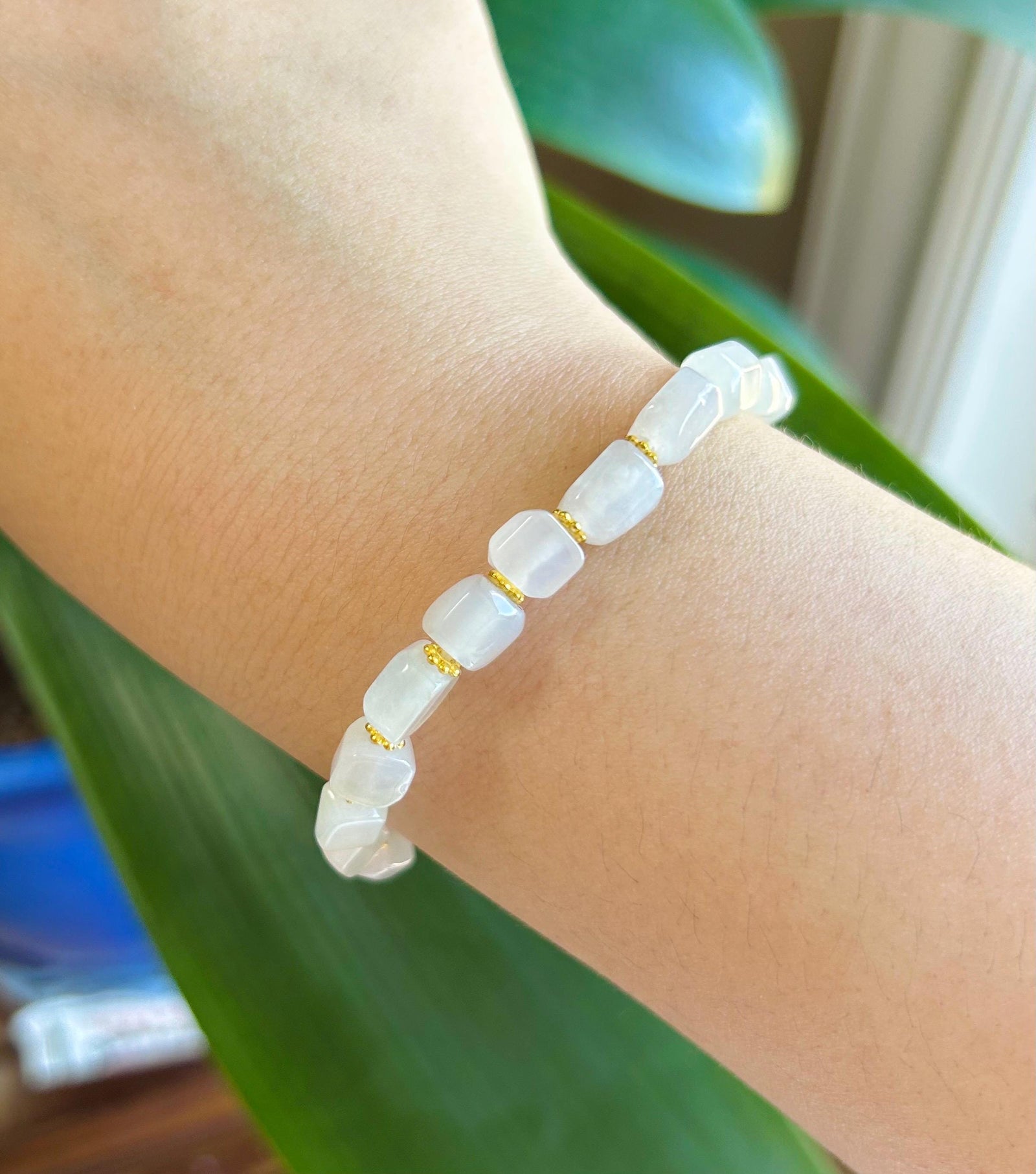 Jadeite Jade Beaded Bracelet Handmade Jewelry Gift for Her Natural Burmese Type A Icy High Translucency Icy White Ice Cube Jade 8mm